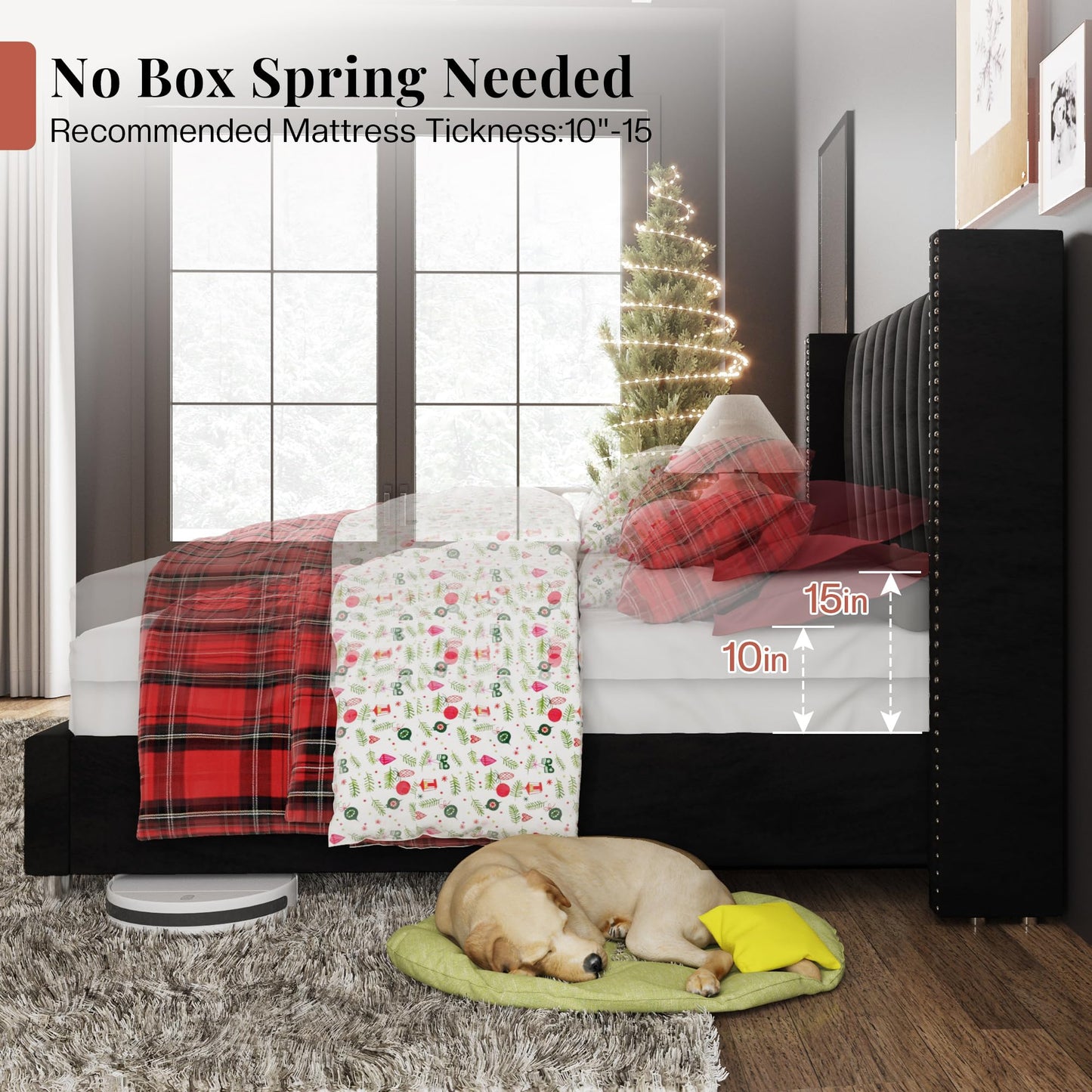 Jocisland Queen Bed Frame with Tall Wingback Headboard, Velvet Upholstered Platform Bed, No Box Spring Needed, Noise-Free, for Couples, Guest Room & Apartment, Black