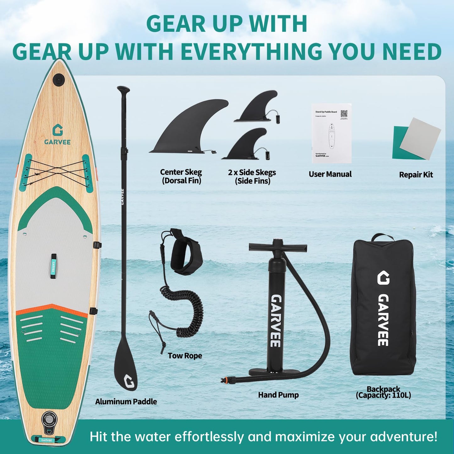 GarveeHome Inflatable Stand Up Paddle Board with Premium SUP Accessories, Wide Stable Design, Anti-Slip EVA Deck, Built-in Camera Mount, 11'5" Inflatable Paddle Boards for Adults & Youth