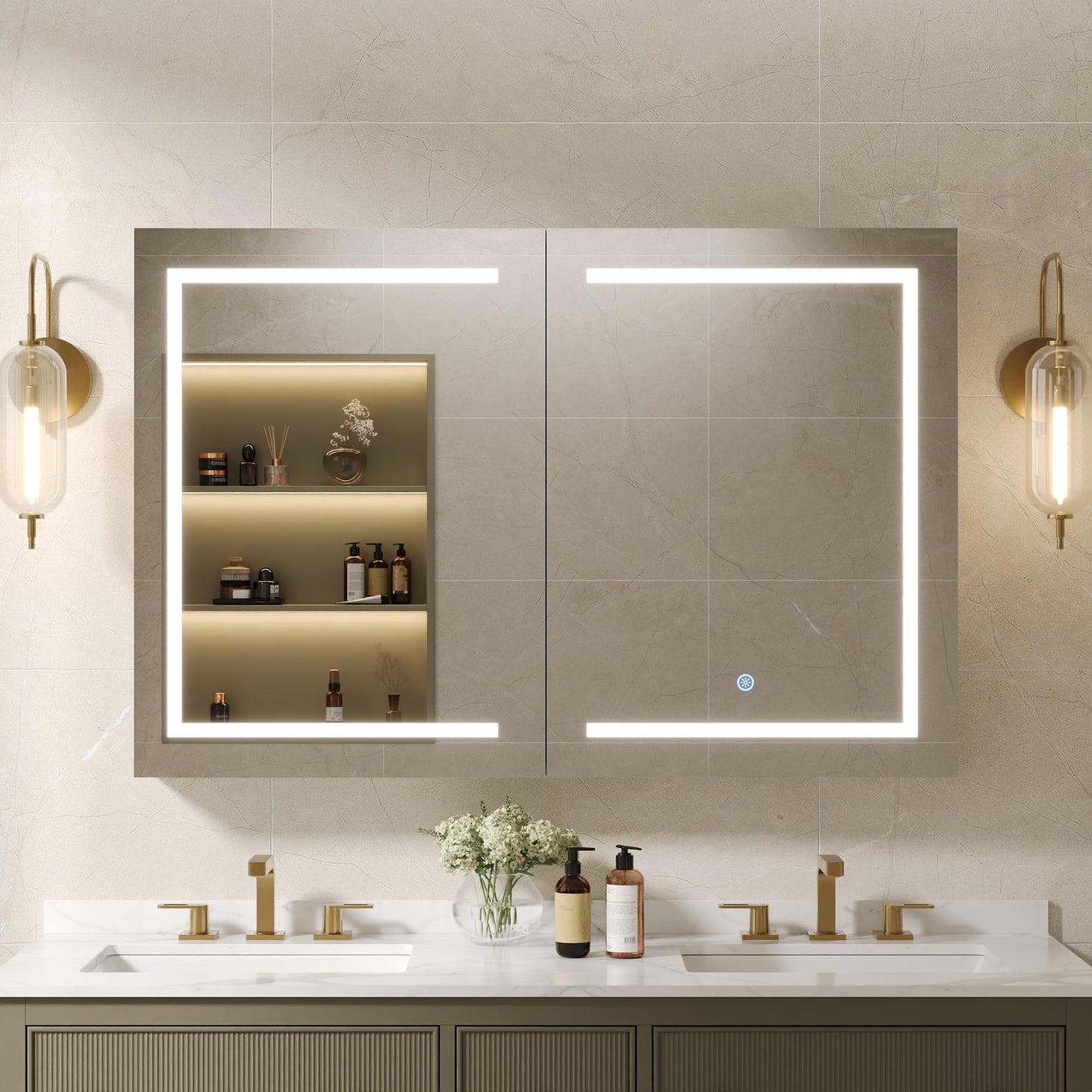 DeerValley Led Lighted Medicine Cabinet with Mirror, 48" W x 32" H Mirrored Medicine Cabinet with Lights for Bathroom with Defogger & Dimmable 3-Color