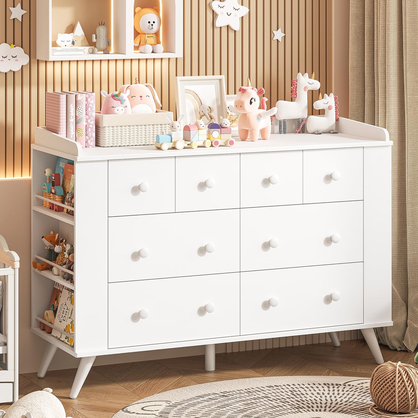 Vabches Kids Dresser Cabinet with 8 Drawers, Changing Table for Nursery, White Chest of Drawers with Open Shelving, Baby Dresser, Kids Bedroom Furniture, Nightstand for Child' s Room, White