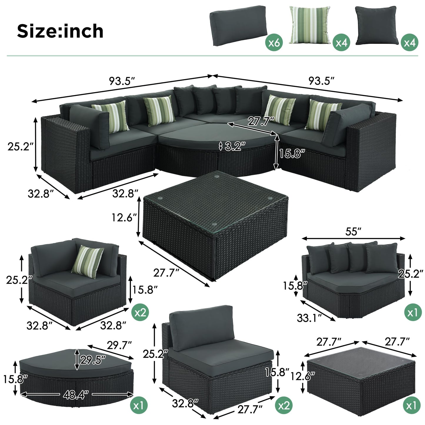Merax 7 Pieces Outdoor Patio Furniture, 6 Seat Wicker Sectional Lounger Sofa Chair Set with Table, All Weather Rattan Conversation Sleeper Couch Bed Sets for Garden Poolside, Cushions & Pillows, Grey
