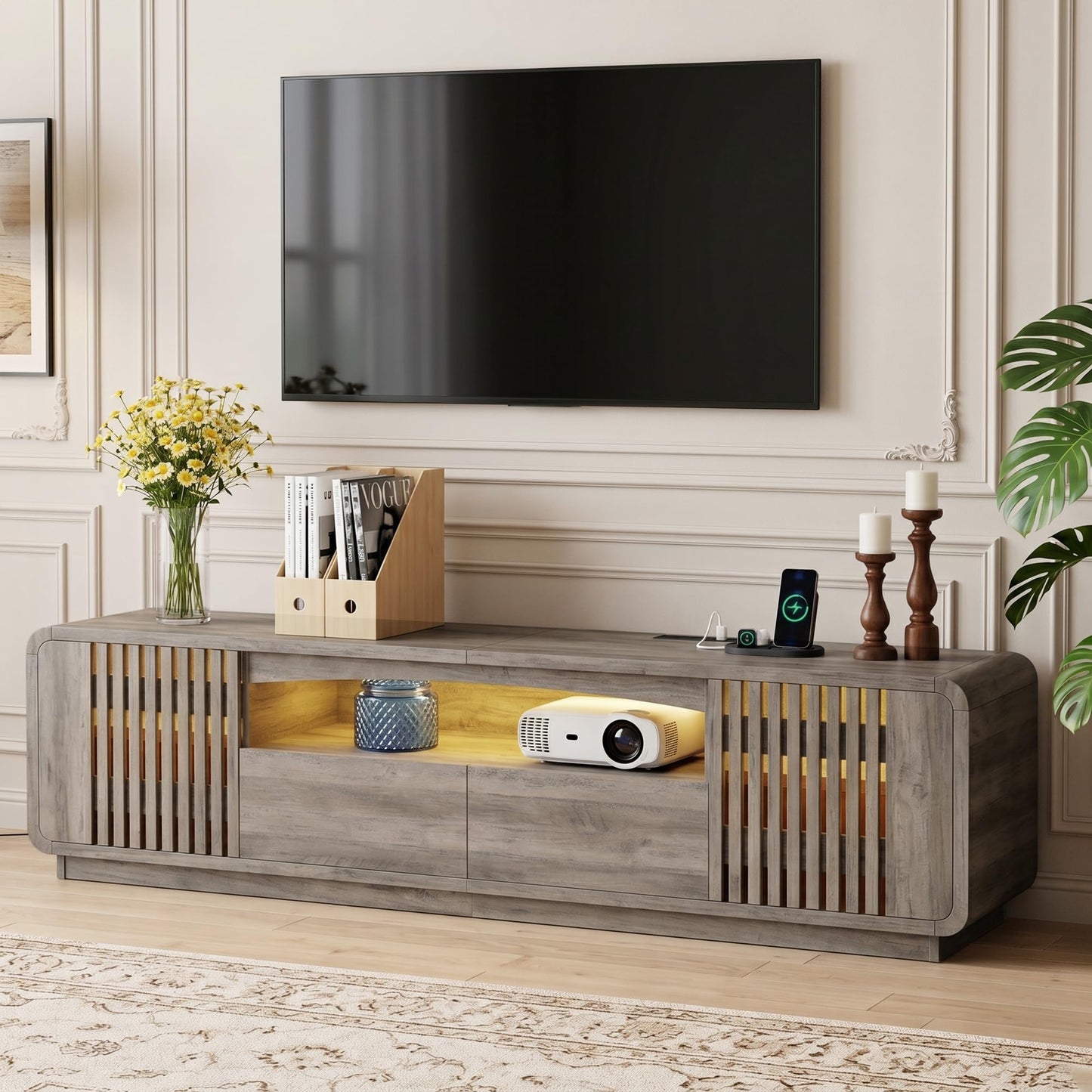 Homiflex 63" TV Stand with Storage, Mid Century Modern Entertainment Center with Power Outlet & LED Lights, Fluted Media Console Table with 2 Drawers and Grille Doors for Living Room Bedroom, Natural