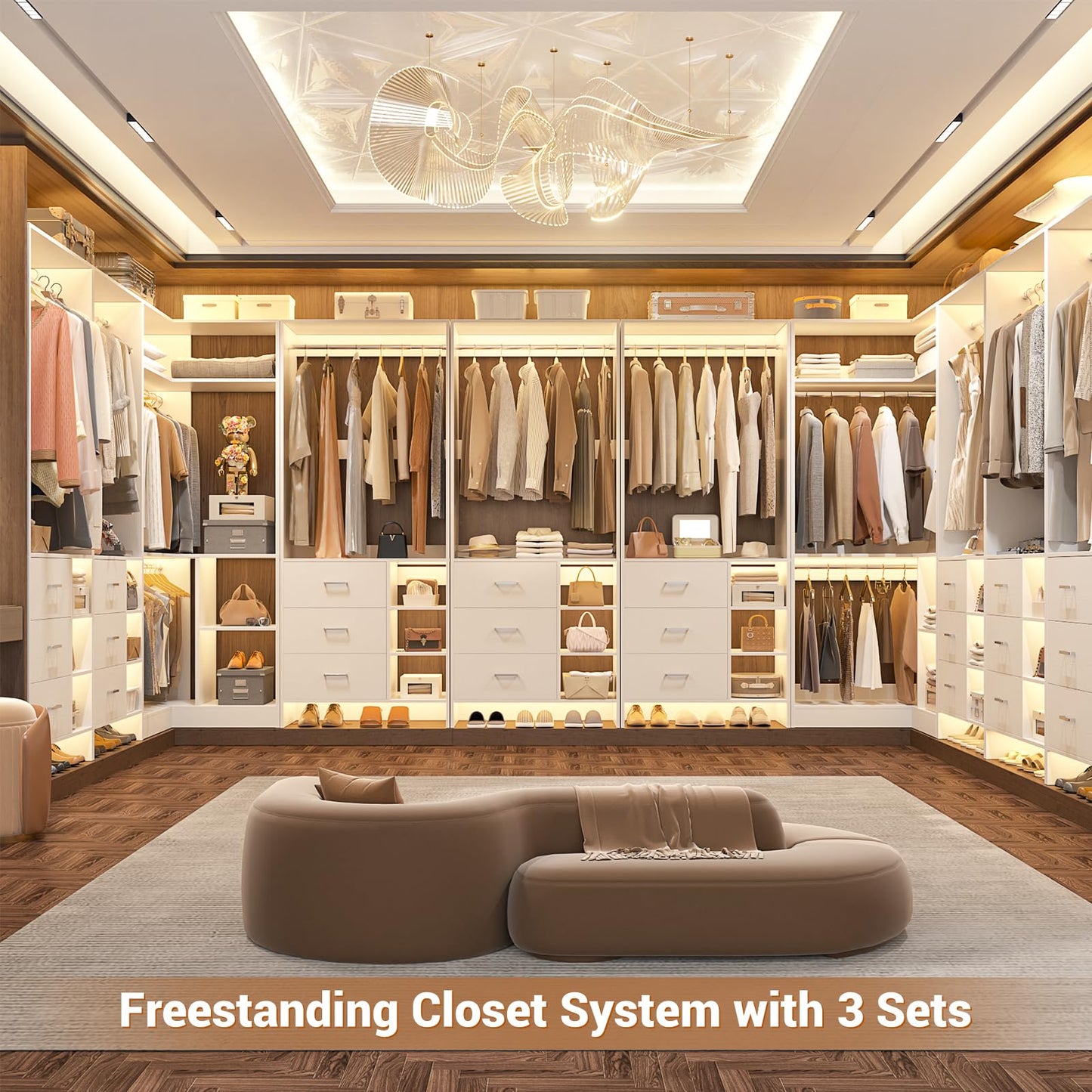 Aheaplus Closet System with 6 Drawers, 4 Hanging Rods & Corner Tower, Corner Closet System with Hanging, 92.6" L-Shaped Walk-In Wardrobe Organizer, 2000+ lbs Capacity, Set of 3, White
