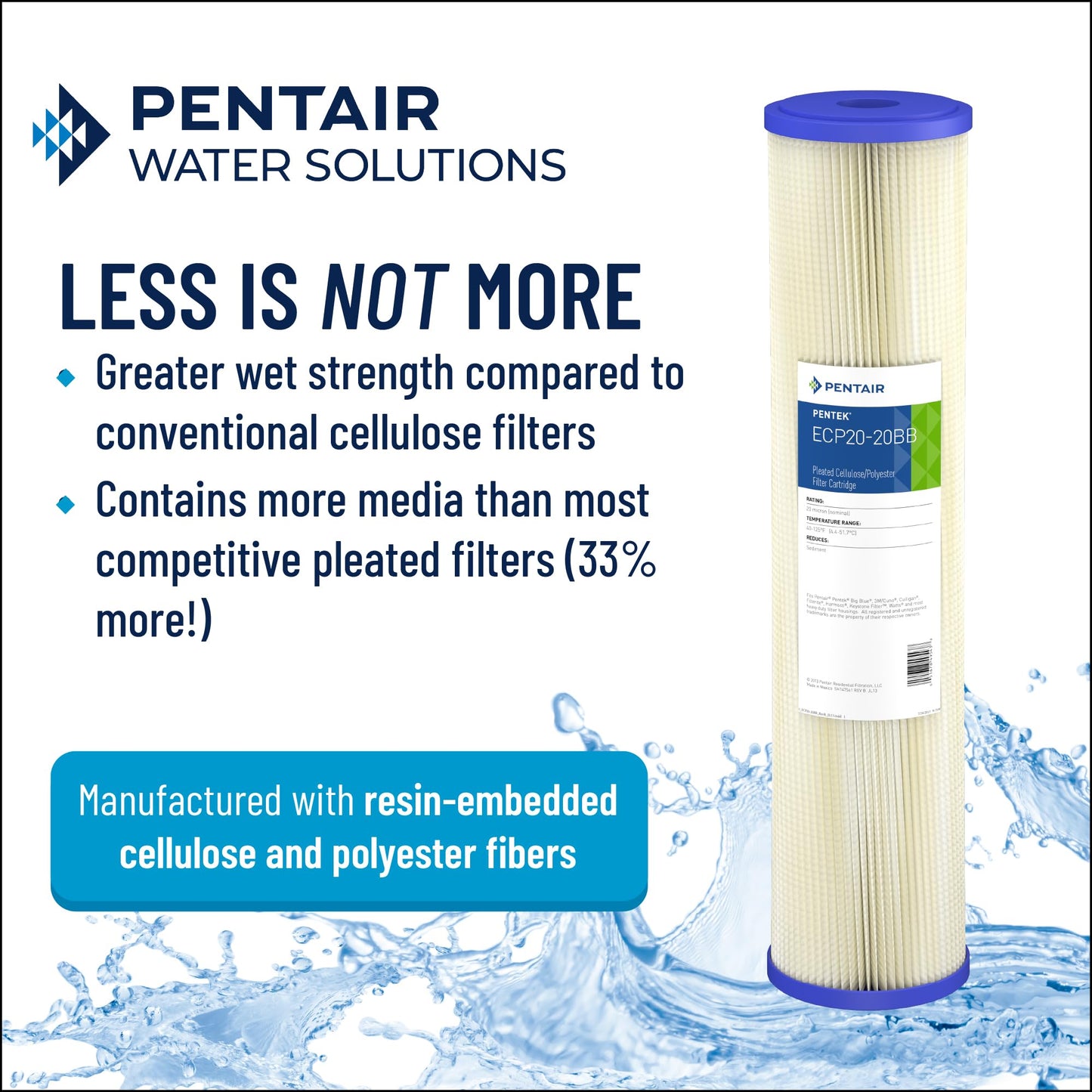 Pentair Pentek ECP5-20BB Big Blue Sediment Water Filter, 20-Inch, Whole House Pleated Cellulose Polyester Cartridge, 20" x 4.5", White End-Cap, 5 Micron, Pack of 6