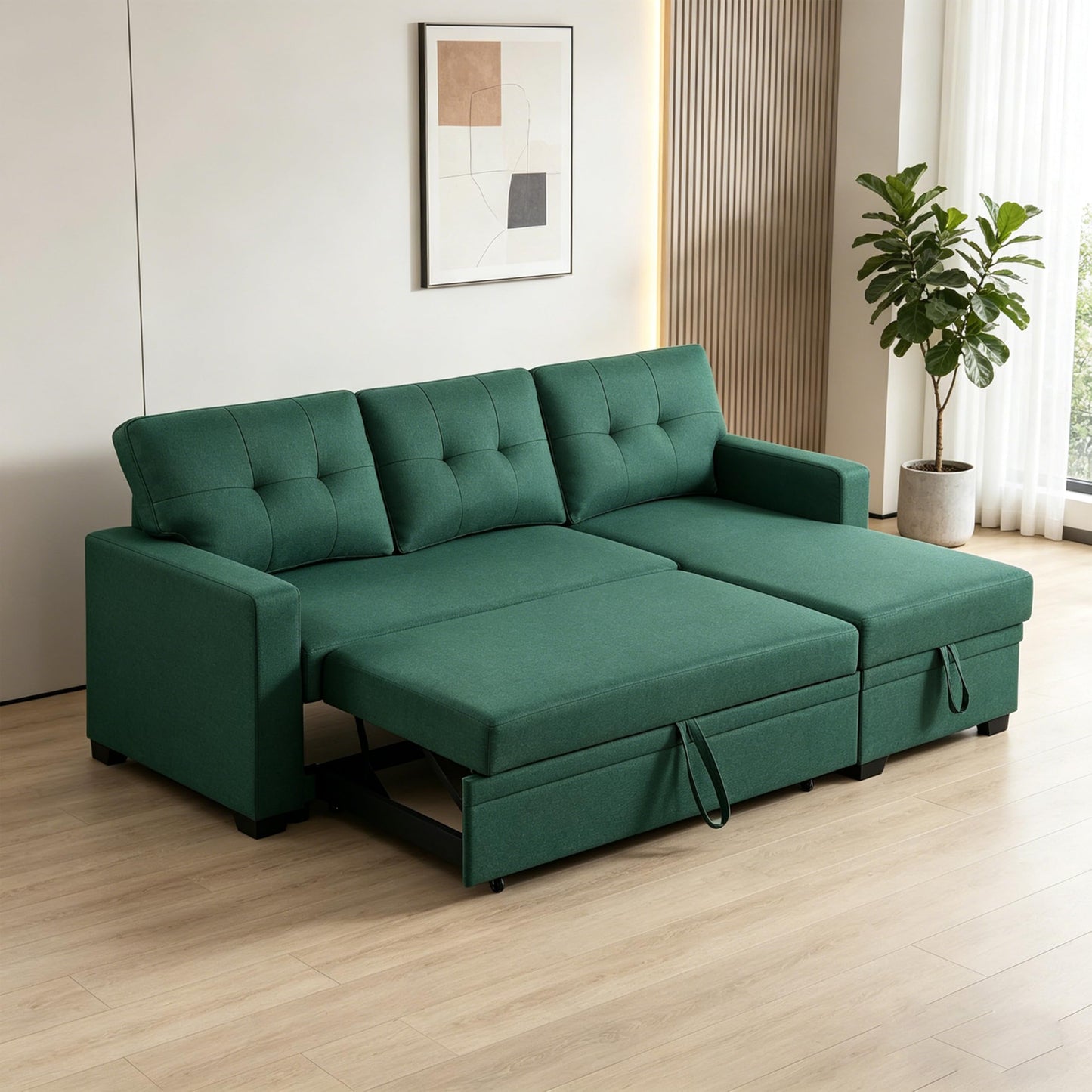ERYE 82-Inch L-Shaped Pull Out Sleeper Couch Bed, Modern Reversible Sleeper Sectional Sofa Linen Blend Tufted Upholstered Corner Convertible Sofa Bed with Storage Chaise