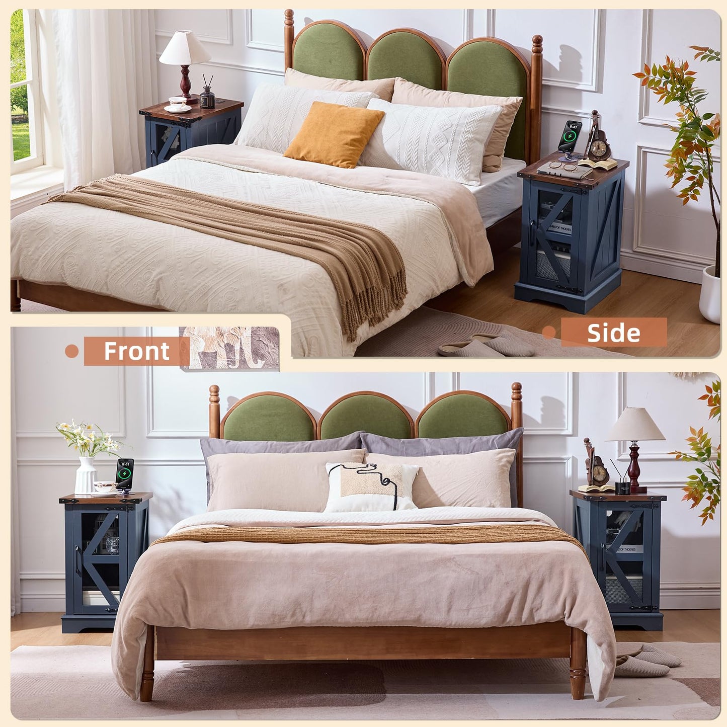 Joaxswe End Tables Living Room Set 3 with Charger Station, Farmhouse 18'' Narrow Night Stand and 24" Square Side Table with Glass Barn Door Storage, Wood Nightstand Bedside Tables for Bedroom Office ﻿