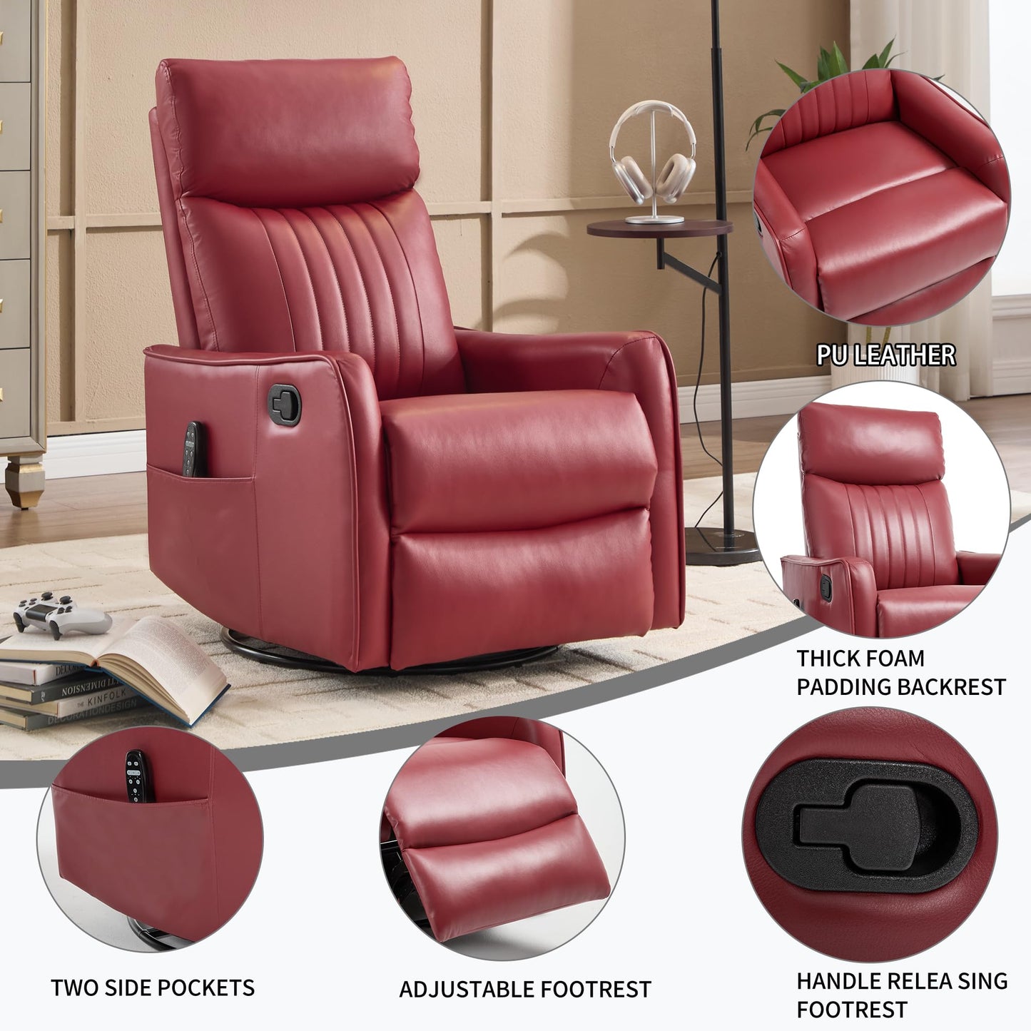 KEIKI 4-in-1 Manual Swivel Rocker Recliner Chair for Living Room, Faux Leather Nursery Glider Rocking Chairs with Back Massager & Heat, Engineered for Compact Apartment Comfort Lounging Daily, Red