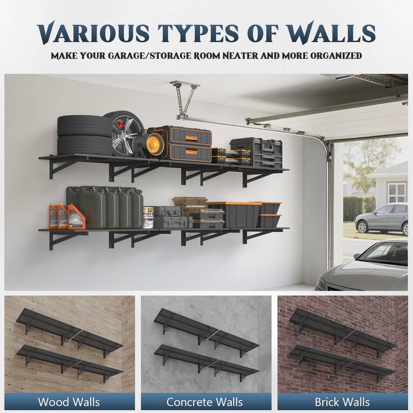 Jusgym 4 Pack Heavy Duty Garage Wall Shelving (1.5x4ft), 1400lbs Capacity Garage Shelving Wall Mounted, 18"x96"Garage Storage Rack Floating Shelves, Black