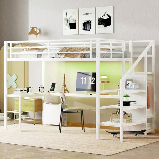 Bellemave Full Size Metal Loft Bed with L Shaped Desk and Wardrobe, Heavy Duty Loft Bed Frame with Storage Stairs, LED Loft Bed Frame with Charging Station & Safety Guardrails, White
