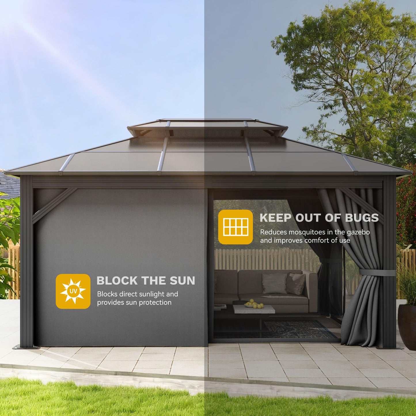 DWVO 10x12ft Gazebo Hardtop Double Roof Polycarbonate Canopy Outdoor with Netting and Shaded Curtains, Metal Frame Garden Tent for Patio, Backyard, Deck and Lawns, Gray