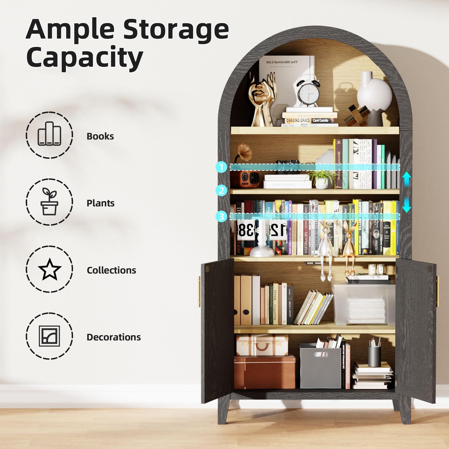 Trygoal 63" Black Arched Cabinet with Doors, 5-Tier Arched Bookshelf with Storage Wood Storage Cabinet with Adjustable Shelves for Kitchen, Living Room, Office, Black & Rattan