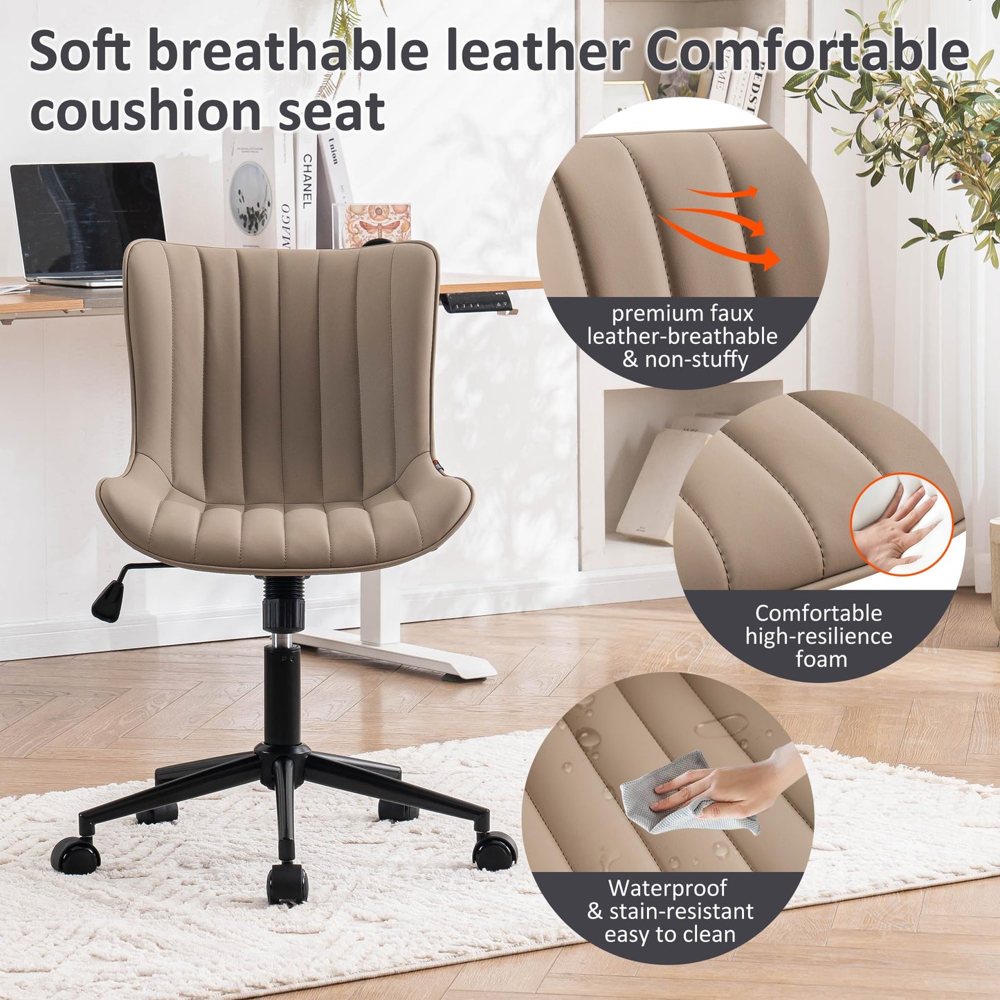 Kidol & Shellder Khaki Leather Home Office Desk Chair with Wheels Modern Cute Armless Executive Swivel Vanity Chair with Comfy Padded Back Ergonomic Rolling Adjustable Computer Task Chair Small