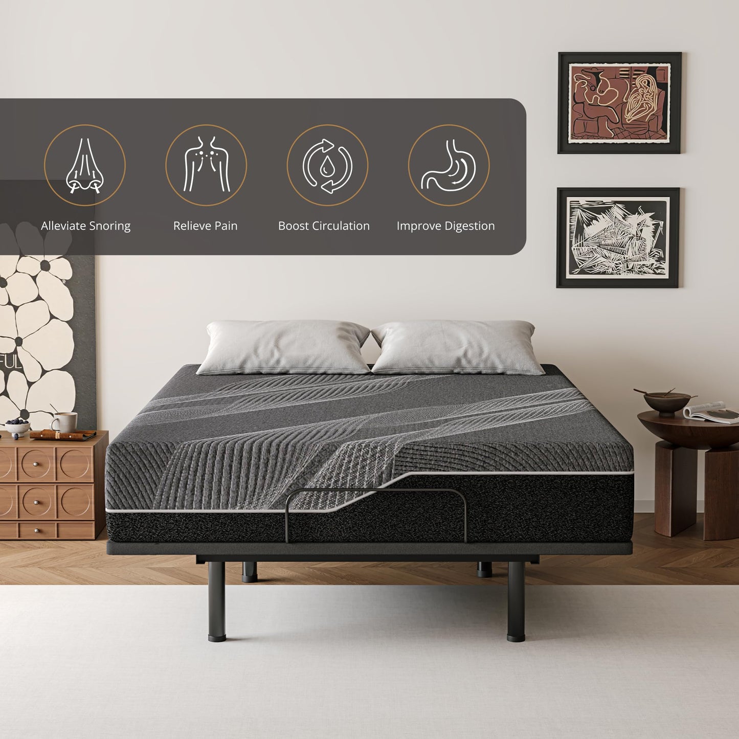 Dyonery Full Adjustable Bed Base with Wireless Remote + 14 Inch Full Charcoal Gel Memory Foam Mattress Bed in a Box, Head and Foot Incline & Massage, Zero Gravity, Fiberglass Free, 75" × 54"