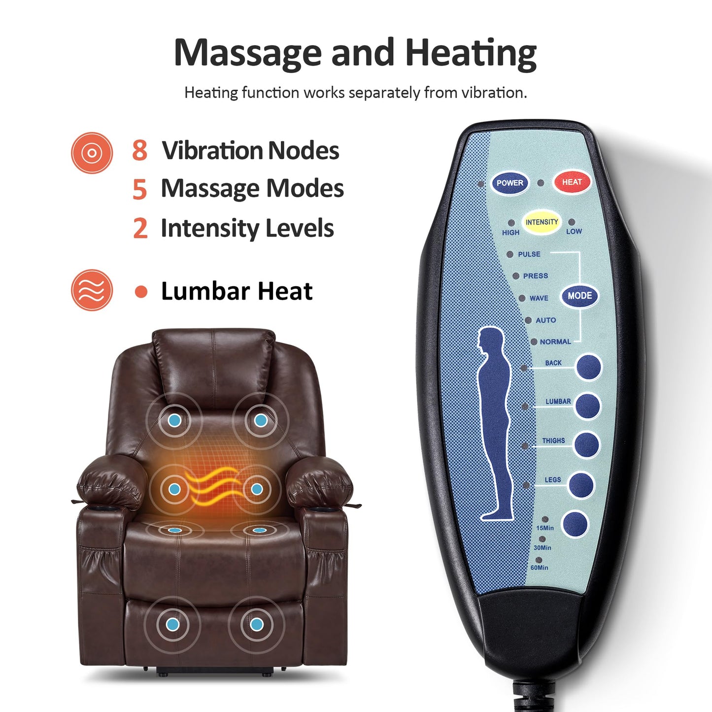 MCombo Electric Power Lift Recliner Chair Sofa with Massage and Heat for Elderly, 3 Positions, 2 Side Pockets, and Cup Holders, USB Ports, Faux Leather 7040 (Dark Brown, Medium)
