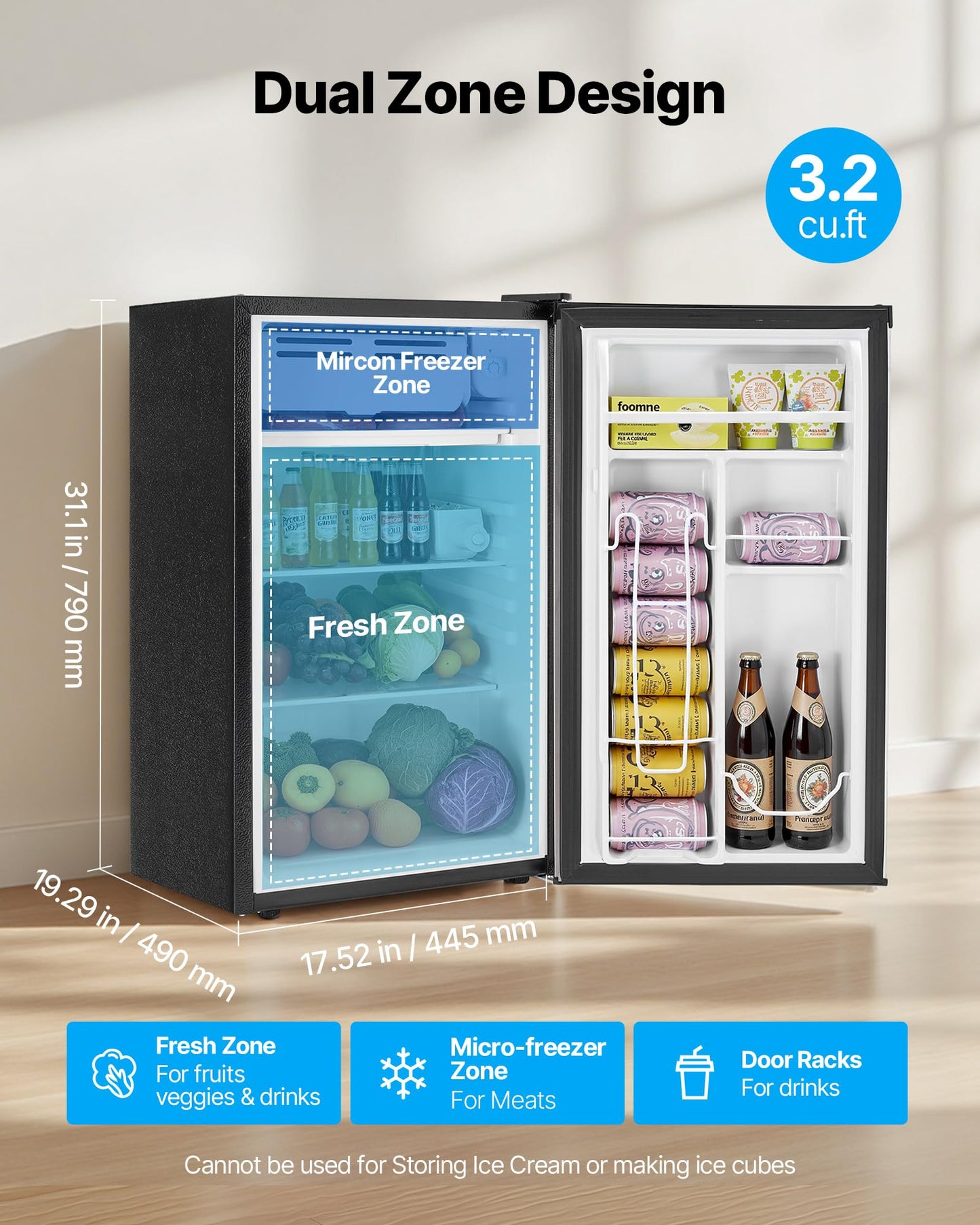 VEVOR 3.2 Cu.Ft Mini Fridge with Freezer, Single Door Compact Refrigerator with Micron Freezer Zone, 7-Mode Adjustable Temp, Energy Efficient Dorm Fridge, Reversible Door, Low Noise, Brushed Steel