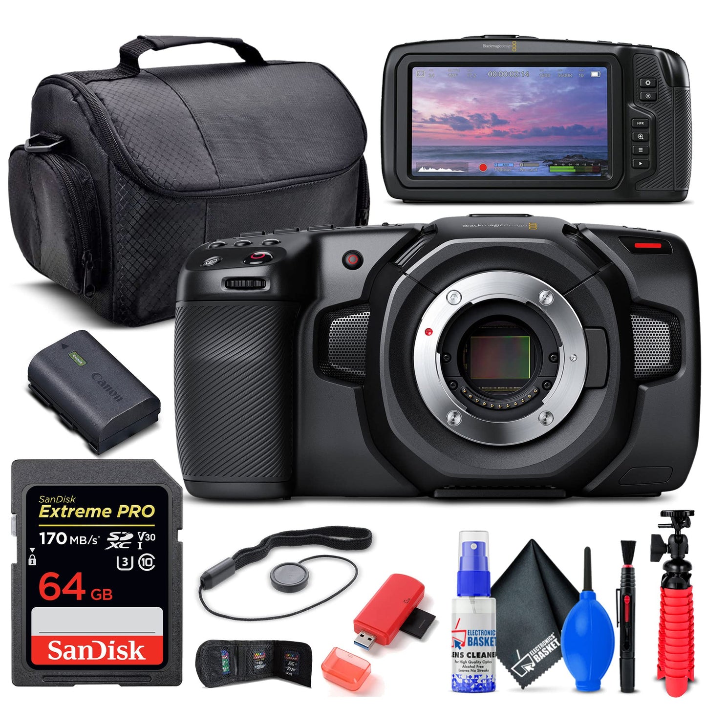 Blackmagic Design Pocket Cinema Camera 4K (CINECAMPOCHDMFT4K) + 64GB Memory Card + Card Reader + Case + Flex Tripod + Cap Keeper + Memory Wallet + Cleaning Kit + More