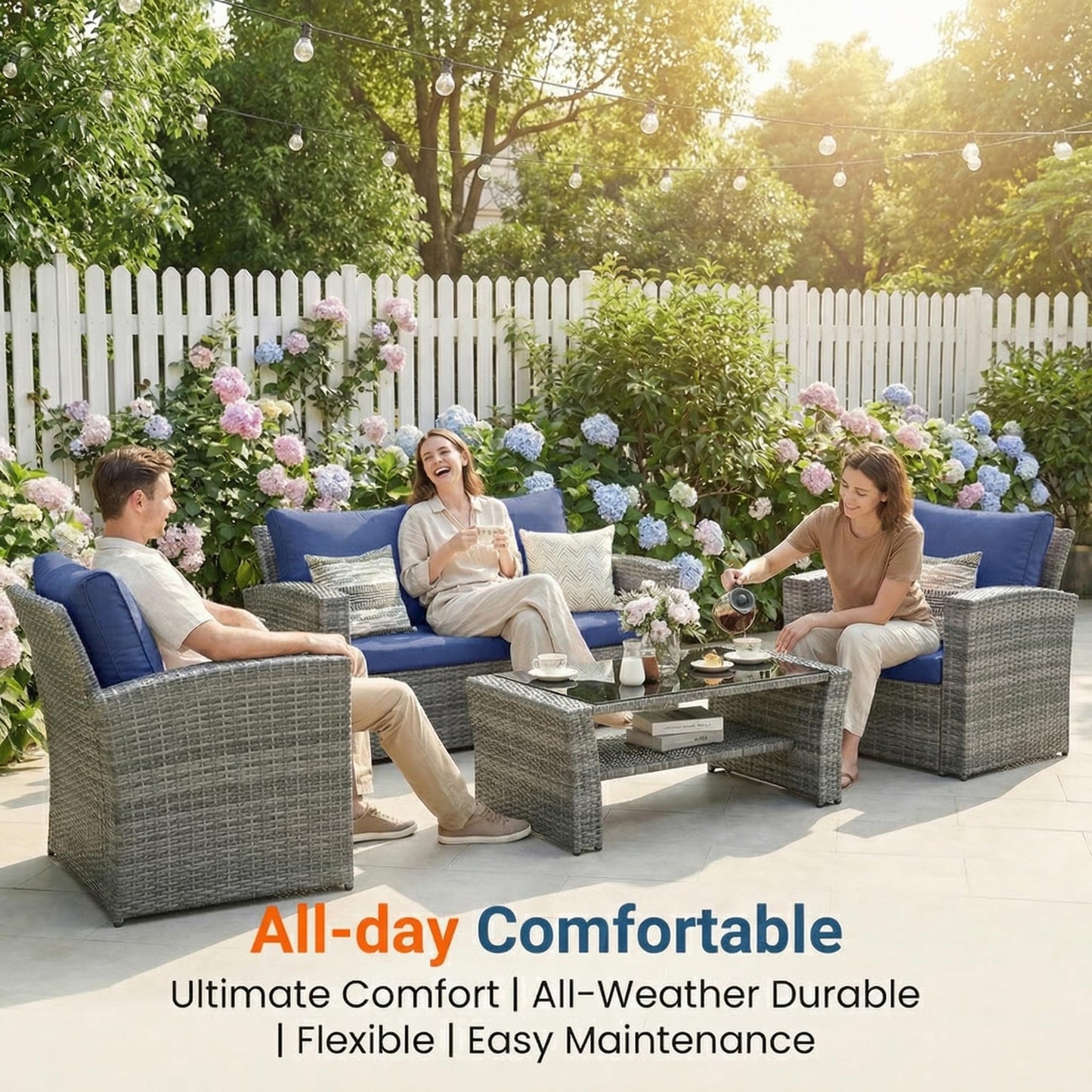 Wisteria Lane Patio Furniture Set, Wicker Outside Outdoor Furniture for All Weather, Patio Sofa with High Backrest Support and Wide Armrest for Backyard, Balcony, Deck, Porch, Navy Blue