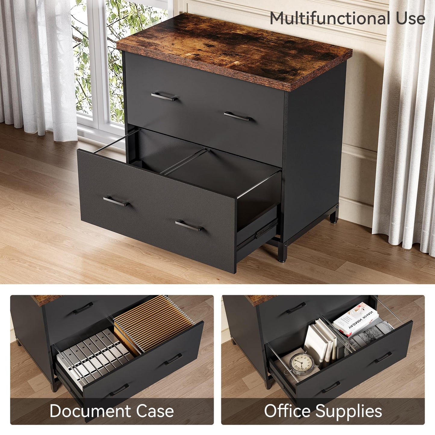 File Cabinet with Drawers, 30.7-Inch Lateral Cabinet under Desk for A4 and Letter Size Documents, Printer Stand, Filling Cabinet Under Desk Storage Organizer for Home Office, Brown & Black
