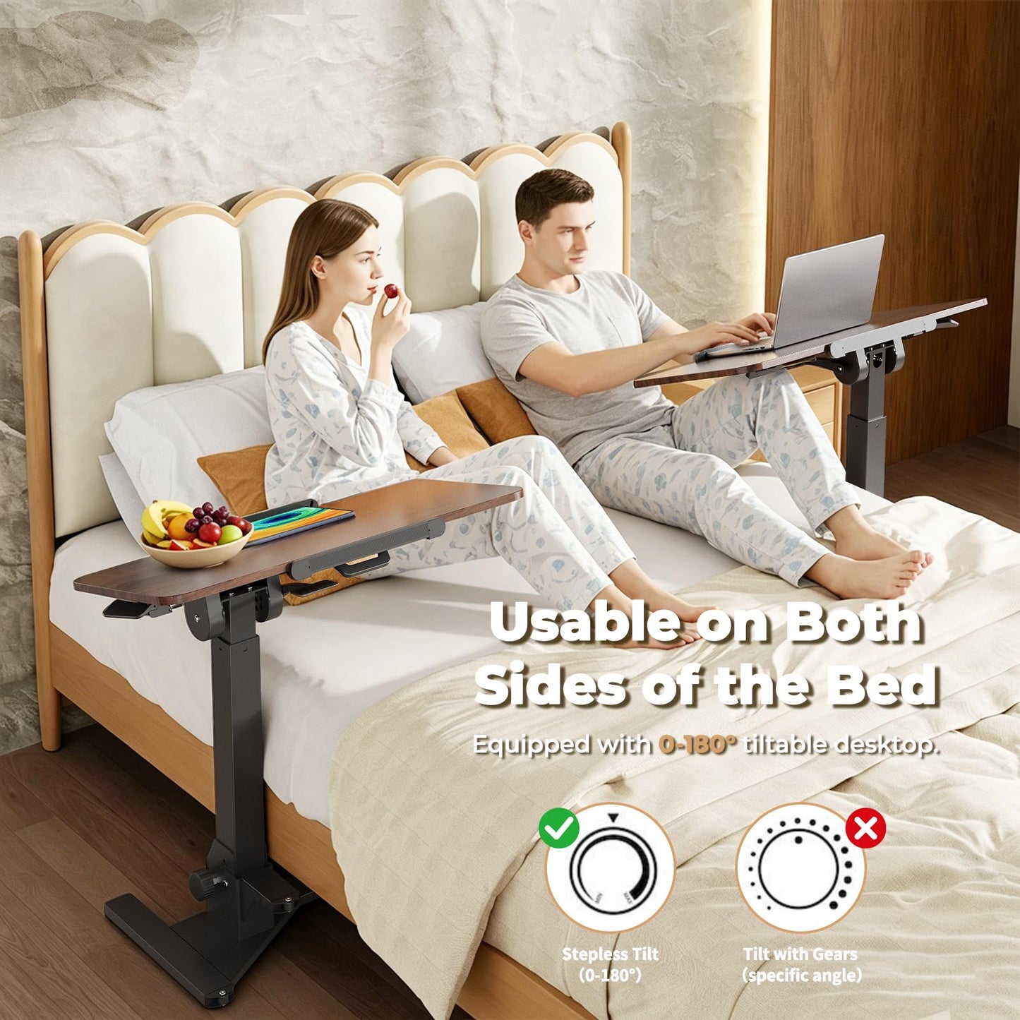 JOY worker Foldable Overbed Bedside Table, 180° Tiltable Mobile Standing Desk with Wheels, 31.5" Height Adjustable Rolling Laptop Desk for Home & Hospital Use, Easy Storage, Rustic Brown