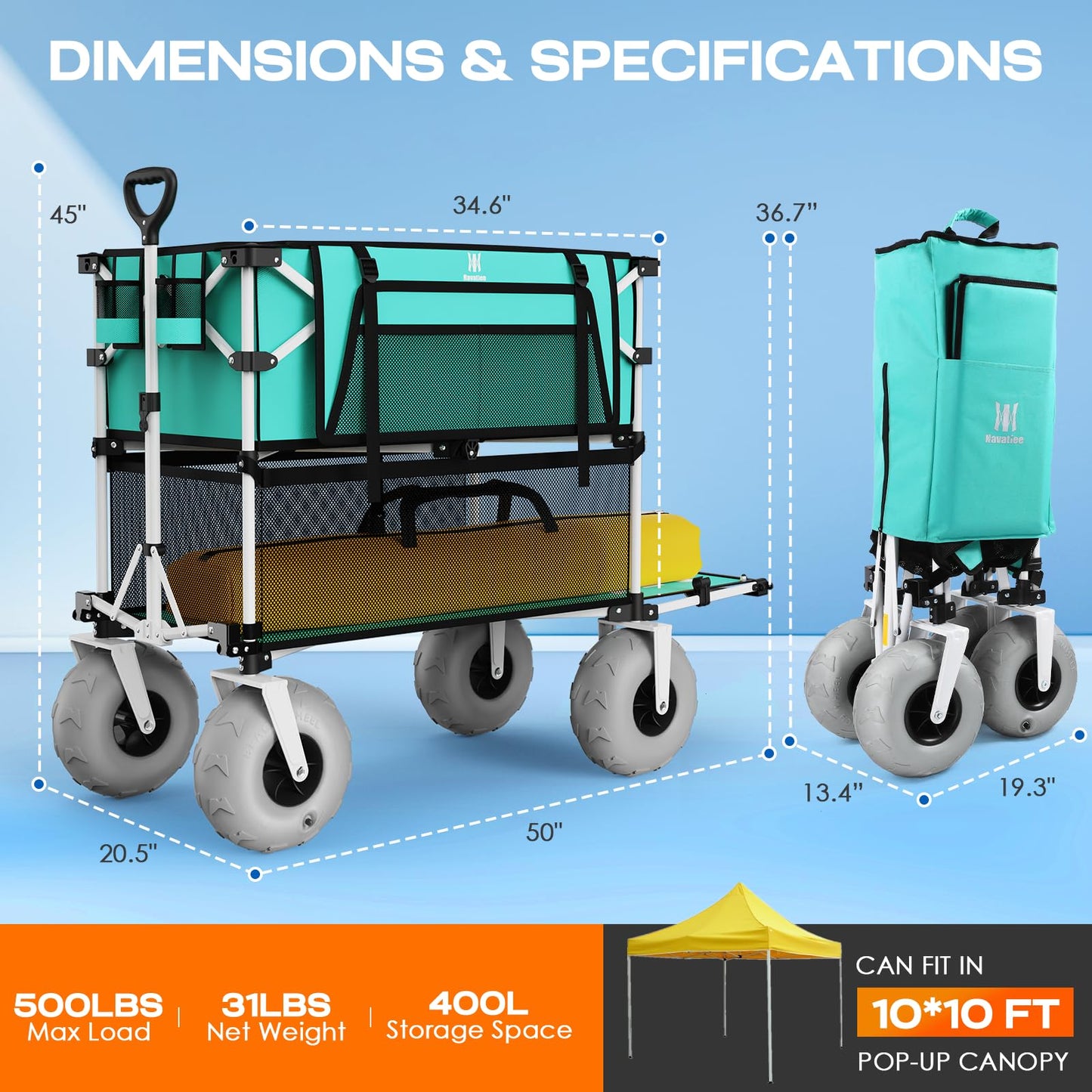 Navatiee 500Lbs Double Decker Wagon, 400L Large Capacity Heavy Duty Beach Cart with 9" Balloon Wheels for Sand, Folding Collapsible Wagon with Side Pocket for Beach, Sport, Camping, Light Blue