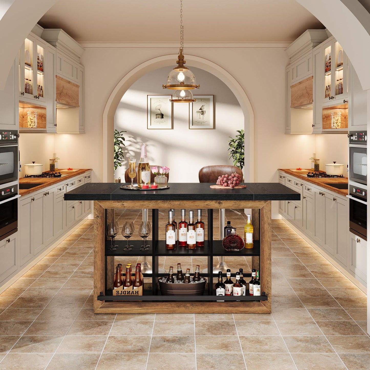 Tribesigns Kitchen Island with Storage, Farmhouse Island Bar, Black&Brown