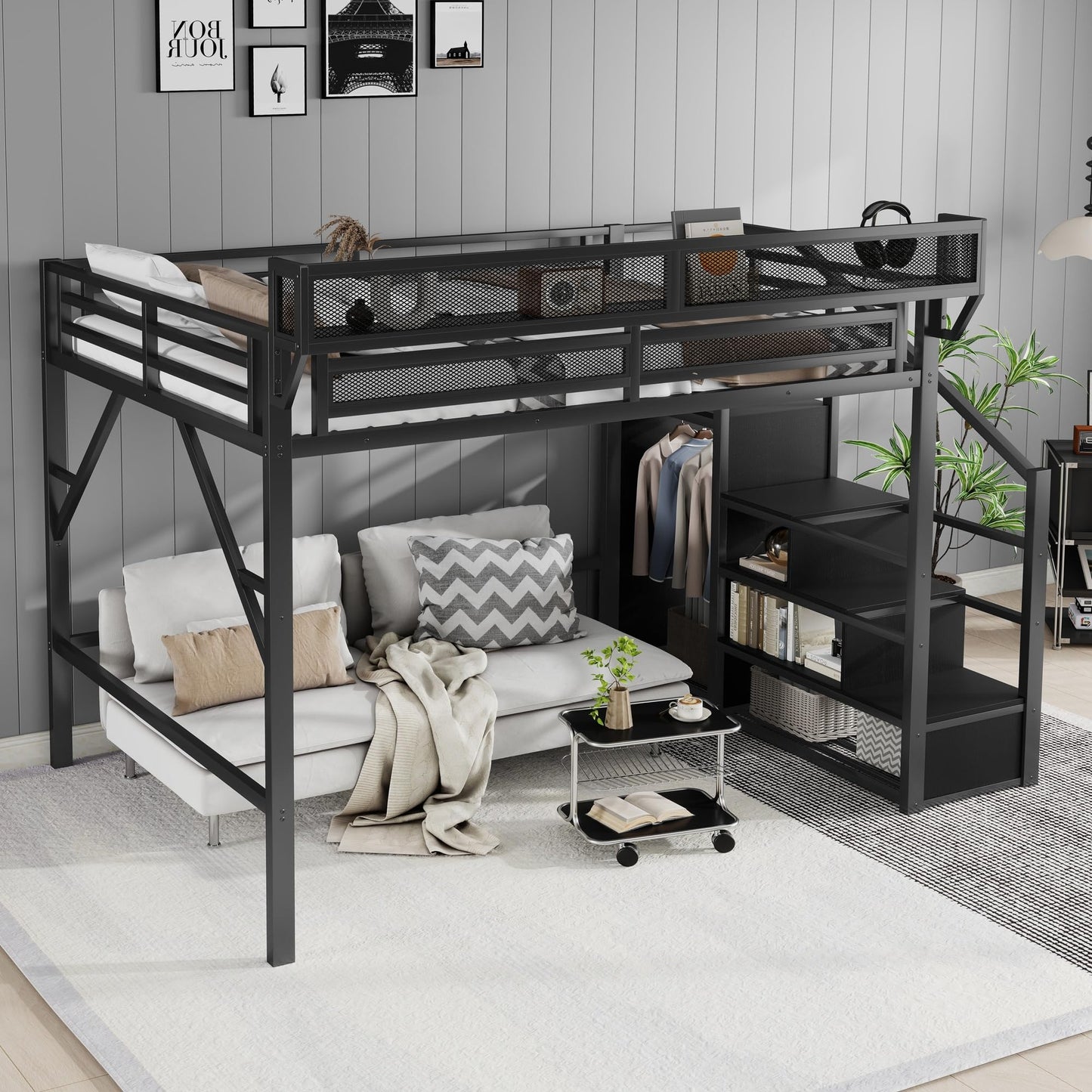 KEIKI Queen Size Metal Loft Bed Frame with Convertible Staircase, Built-in Storage Shelves and Wardrobe, Loft Bed with Solid Slats, Guardrail, No Box Spring Required, Easy Assembly, for Bedroom, Black
