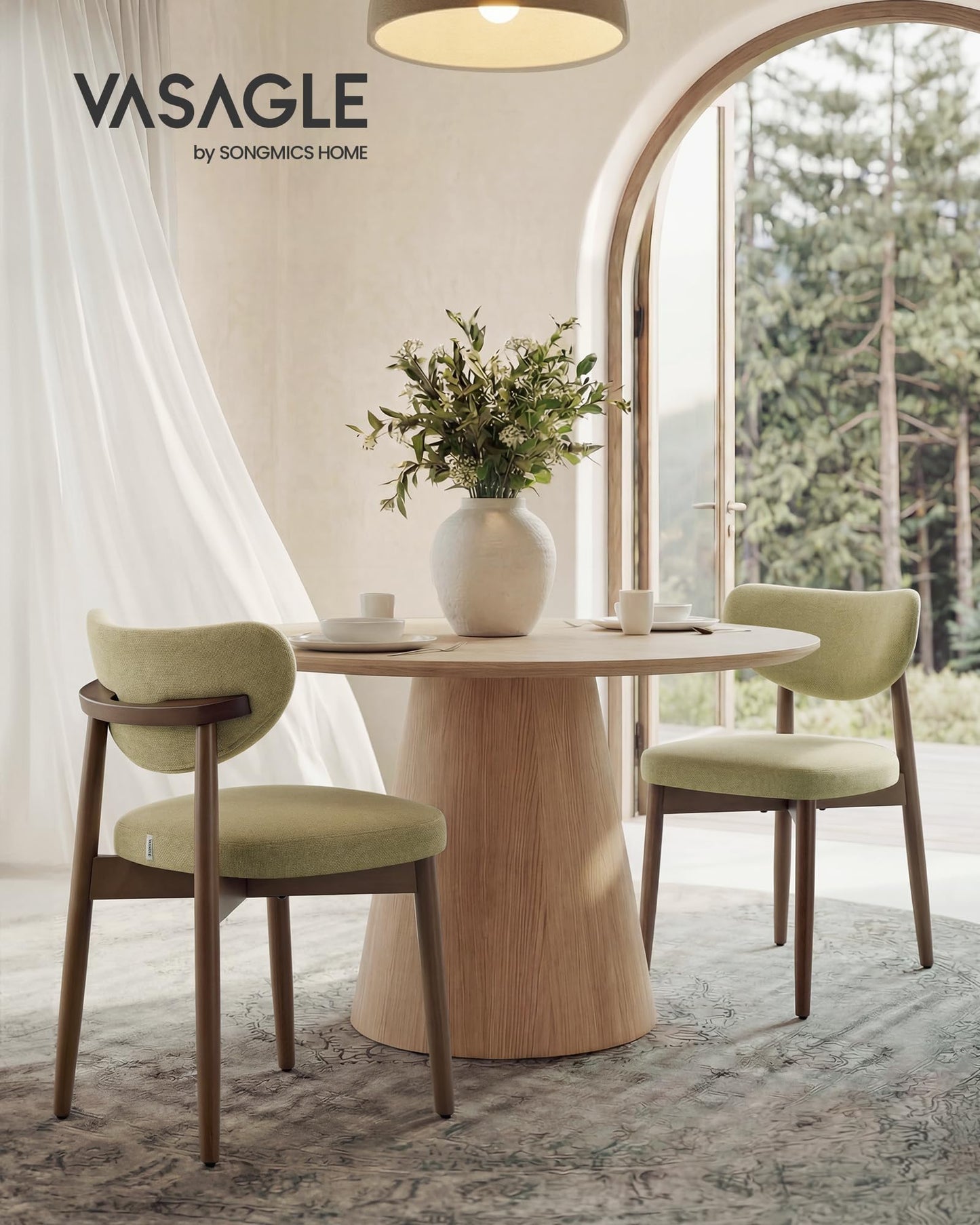 VASAGLE Wooden Dining Chairs Set of 4, Upholstered Kitchen Chairs with Solid Wood Legs, Ergonomic Curved Backrest, Built-in Handle, Mid Century Modern, for Kitchen Dining Vanity, Sage Green