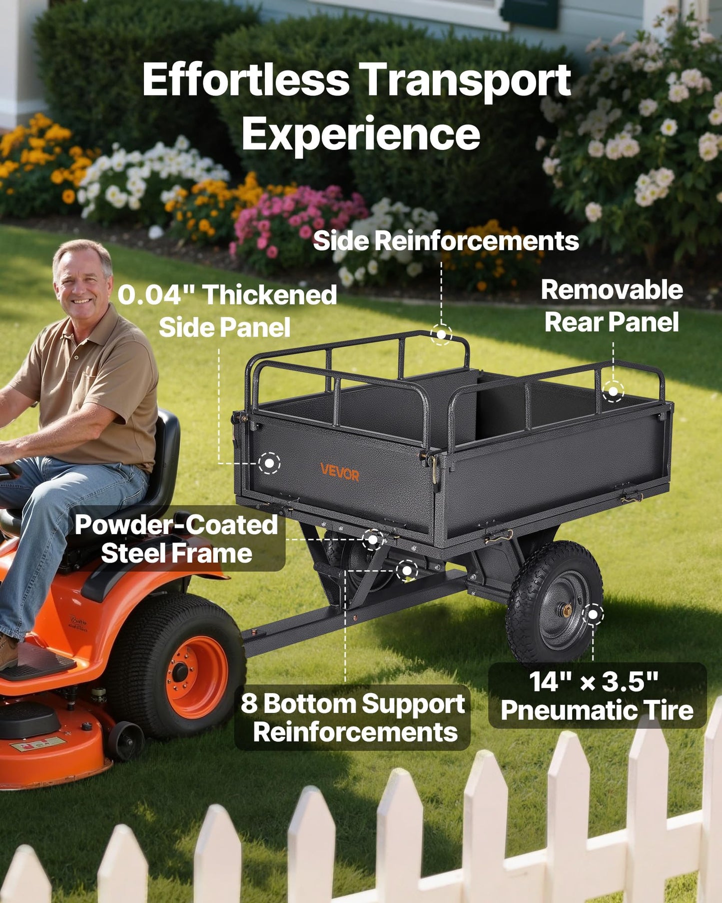 VEVOR 10 Cu.Ft. & 500lbs ATV Trailer Dump Cart Tow Behind, Heavy Duty Utility UTV Trailer, Tow Behind Steel Yard Dump Wagon Cart with 14" Tires for Lawn Mower Tractor