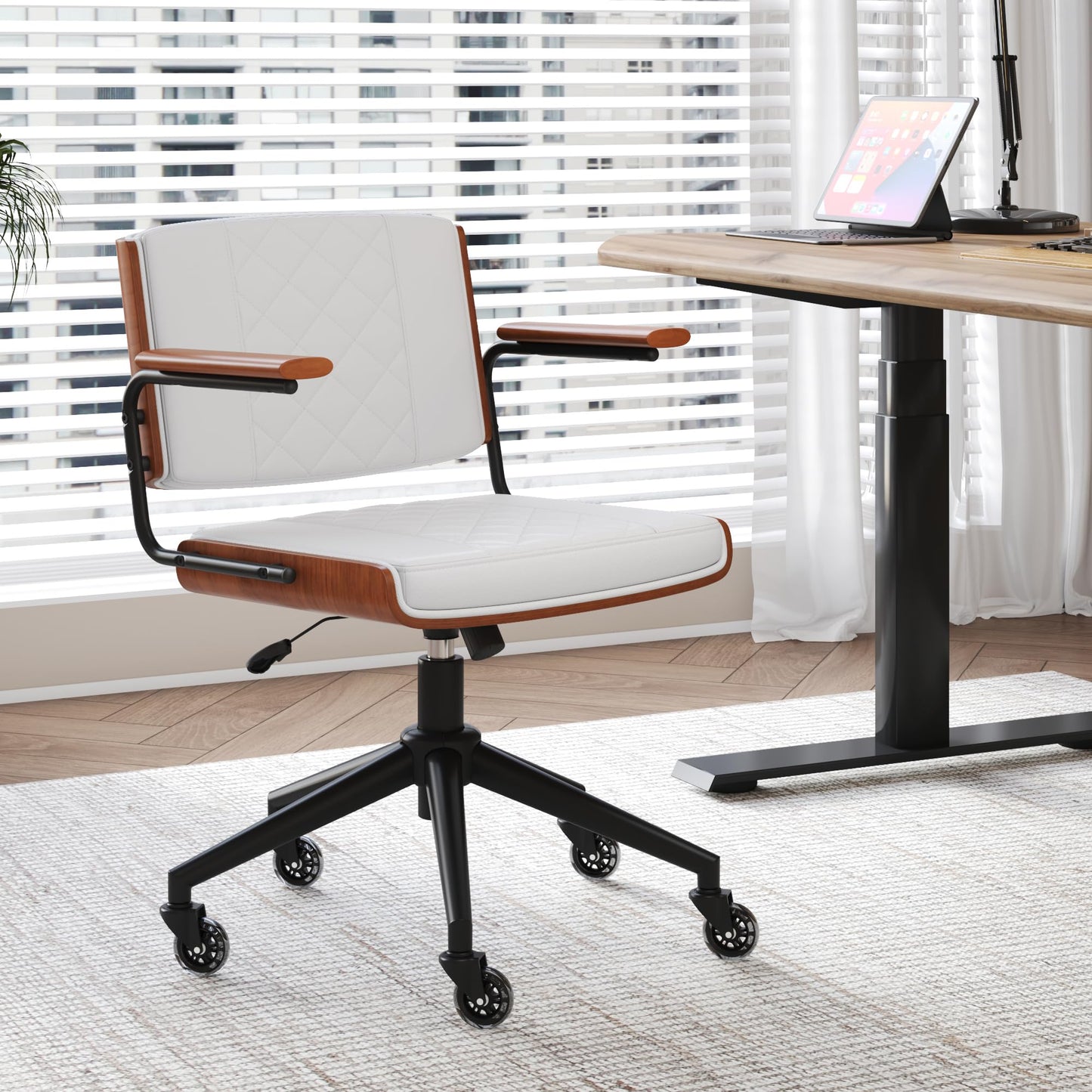 CoVibrant Ergonomic Office Chair with Rubber Wheels & Walnut Arms - PU Leather Mid-Back Desk Chair, Adjustable Height, Bentwood Backrest | Swivel Rocking Design for Home Office, Meeting Room, Study