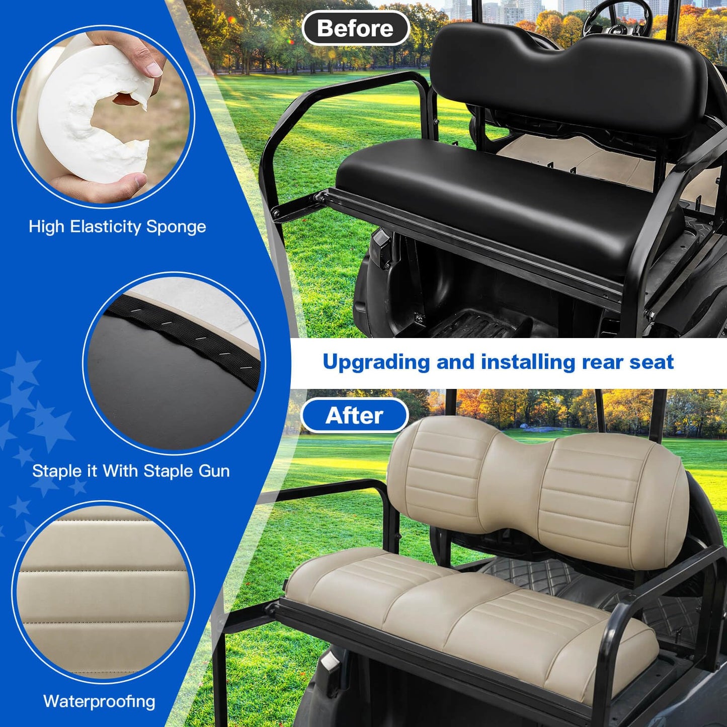 NOKINS Golf Cart Premium Seat Cushion Kit,Seat Back & Seat Bottom Cushion Assembly (light Beige, Fits Aftermarket Standard Rear Seat)