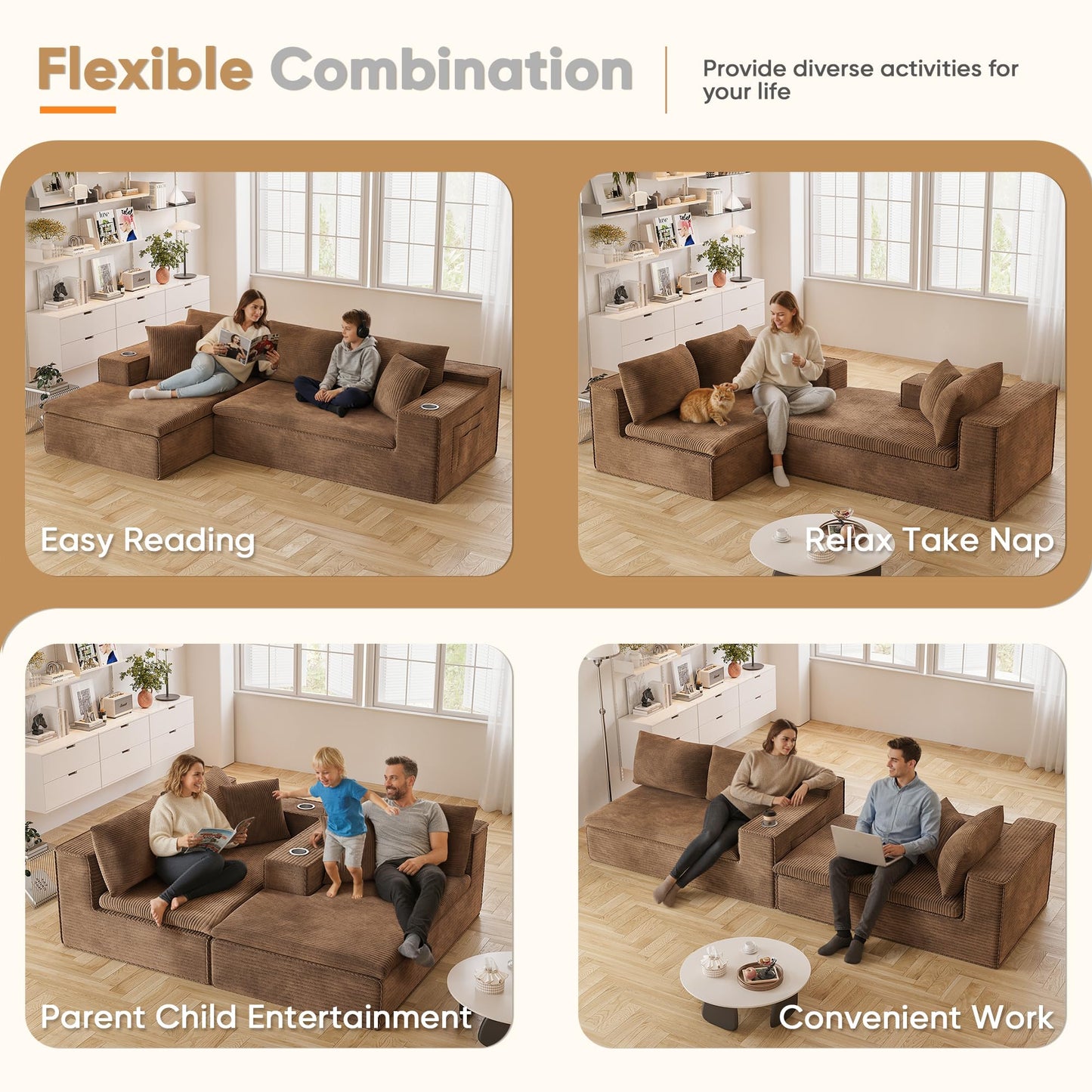 Homall 109" Boneless Couch with Memory Foam, Modular Sectional Sofa with L-Shape Chaise, Cloud Couch with Deep Seat, Dual Cup Holders & Side Pockets, No Assembly Required (Brown)
