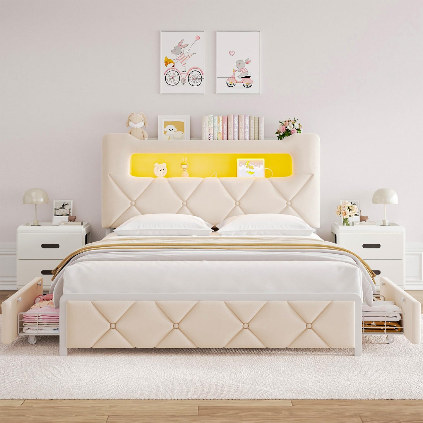 Full Upholstered LED Bed Frame with 2 Storage Drawers and 2-Tier Storage Headboard, Velvet Princess Platform Bed with Charging Station & Bookcase,Heavy Duty Metal Support,No Box Spring Needed,Beige