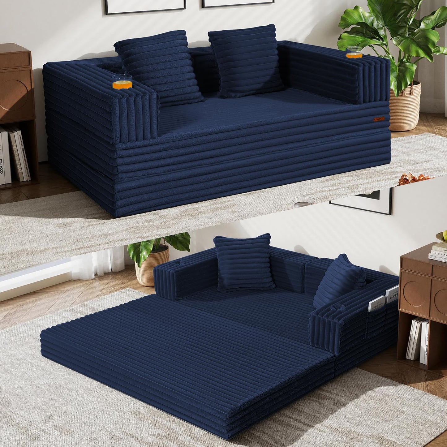 COMAX Futon Sofa Bed, 4‑in‑1 Convertible Sofa Bed, Boneless Couches for Living Room, Fold Out Small Foldable Loveseat Space‑Saving, Classic Navy