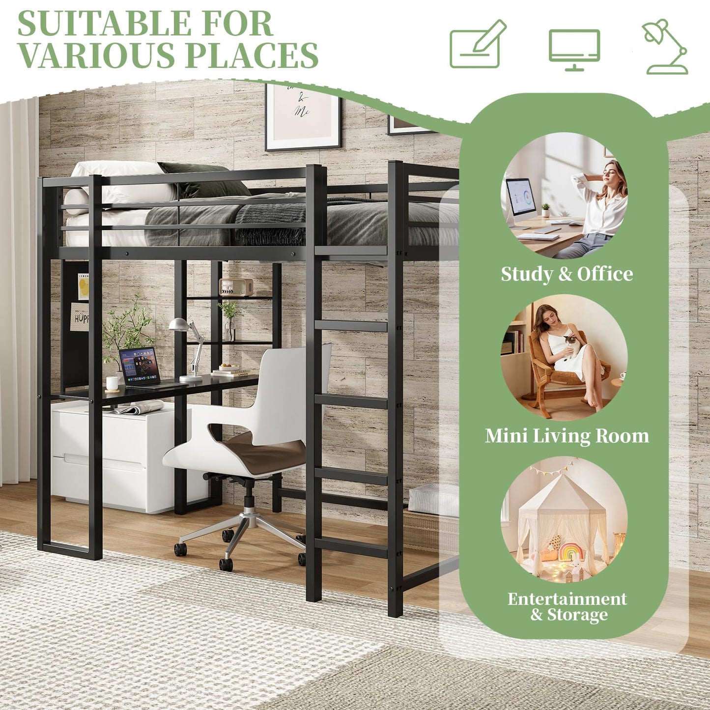 Full Size Metal Loft Bed with Desk and Storage Shelves, Black Loft Bed Frame for Teens Boys Girls, Space-Saving High Loft Bed with 13.8" Safety Guardrail & 350 lbs Capacity, No Box Spring Needed