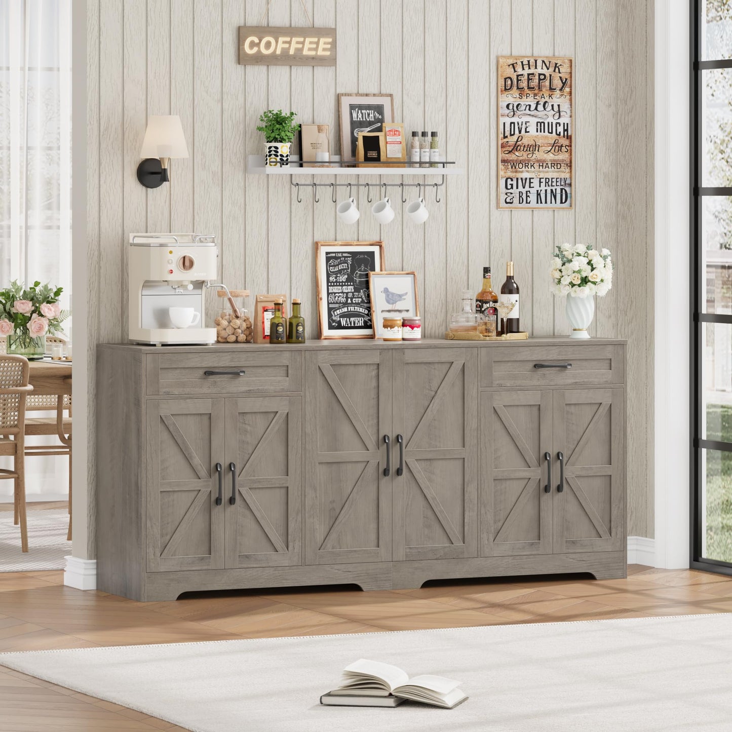 BOTLOG 71” Large Sideboard Buffet Cabinet with Storage, Farmhouse Kitchen Buffet Cabinet with Adjustable Shelves and 6 Barn Doors, Wood Coffee Wine Bar Console Table, White, Ash Grey (Ash Grey)