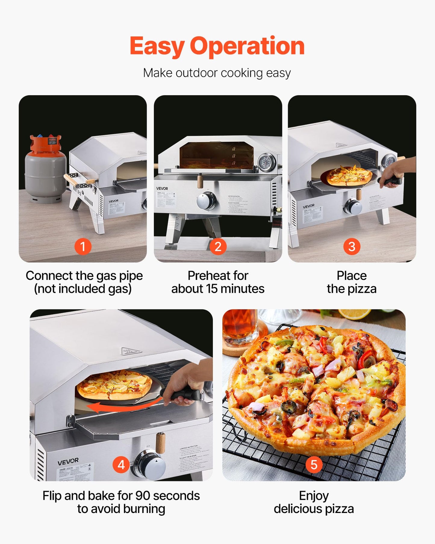 VEVOR 2 IN 1 Outdoor Pizza Oven, 13 in Propane Pizza Oven & Grill, 12,000 BTU Tabletop Propane Gas Oven with Pizza-Stone, Thermometer, Stainless Steel Portable Grill, for Camping & Backyard