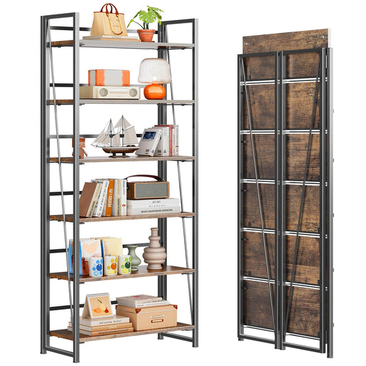 4NM No Assembly Folding Bookshelf, 6-Shelf 74" H Collapsible Foldable Bookcase Storage for Small Spaces, Rustic Brown and Black