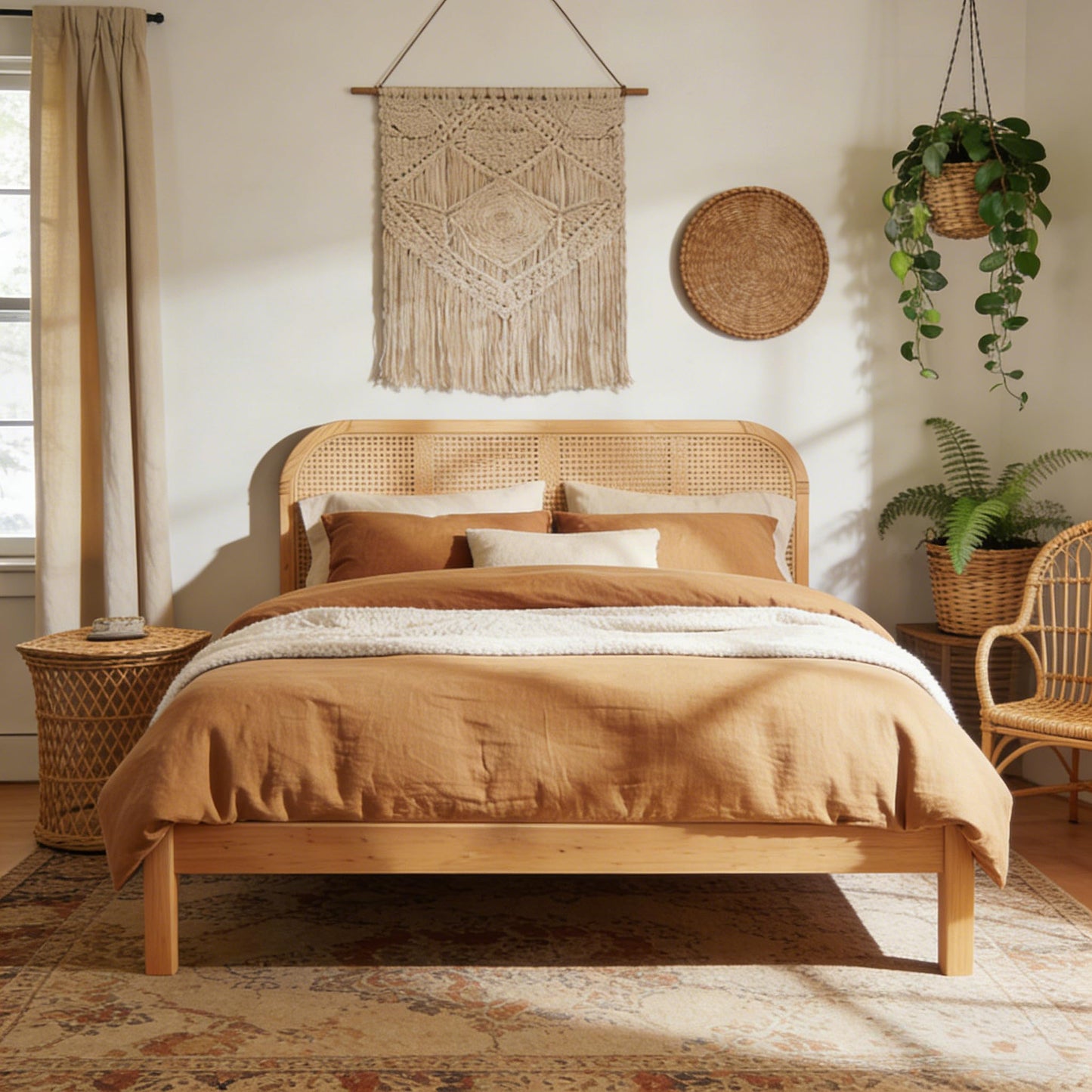 Merax Queen Size Natural Wood Bed Frame with Rattan Headboard, Boho Style Platform Bed Frame with Sturdy Solid Slats Support, No Box Spring Needed, 800lbs Capacity, Noise-Free, Easy Assembly