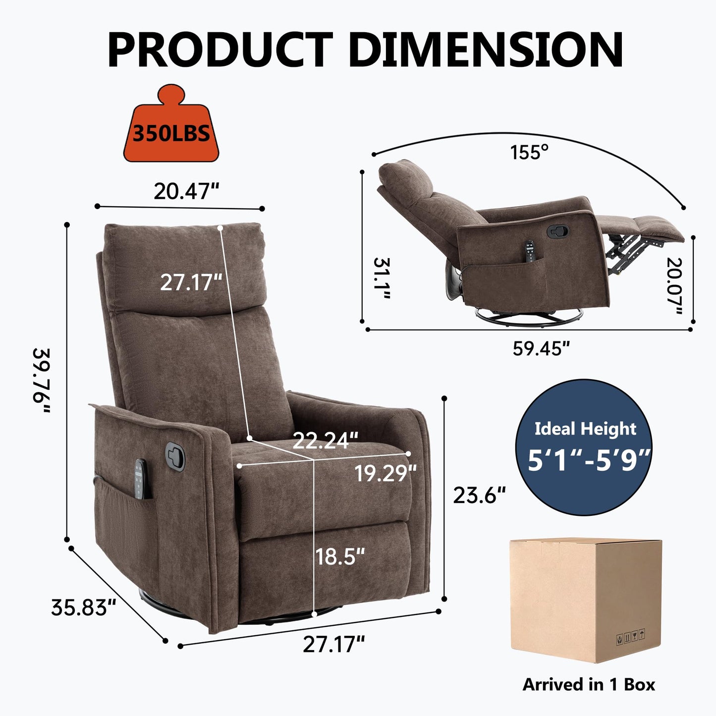 KEIKI 4-in-1 Manual Swivel Rocker Recliner Chair for Home Living Room, Polyester Chair with Back Massager & Heat, Home Theater Seating with Lumbar Support, Cozy Modern Style for Old Money, Brown