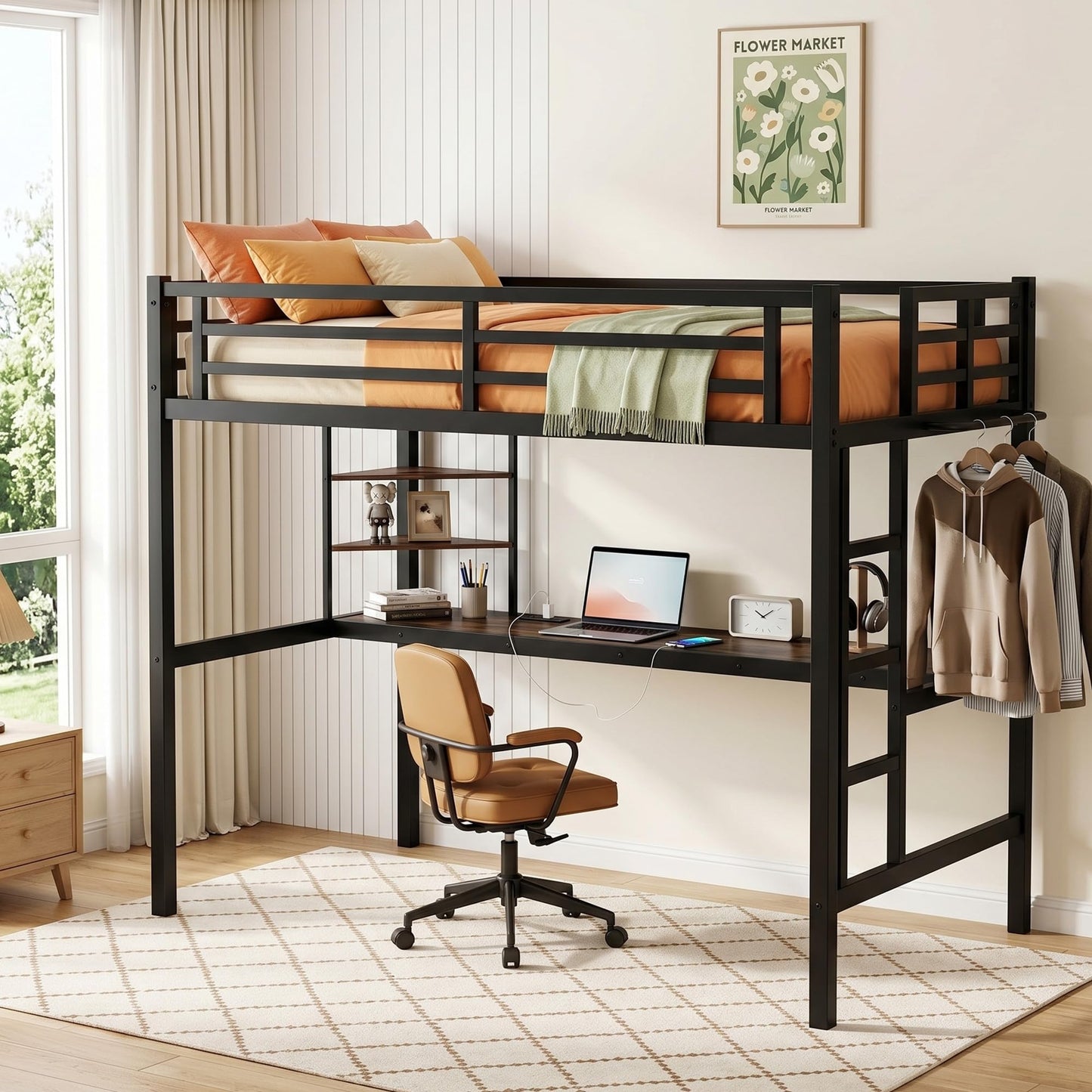 MAKIAAP Twin XL Size Metal Loft Bed with Desk & Ladder, LED Lights & Charging Station, Sturdy Noise-Free Frame for Kids, Teens & Adults, 350LBS, Space-Saving Design (Black, Twin XL)