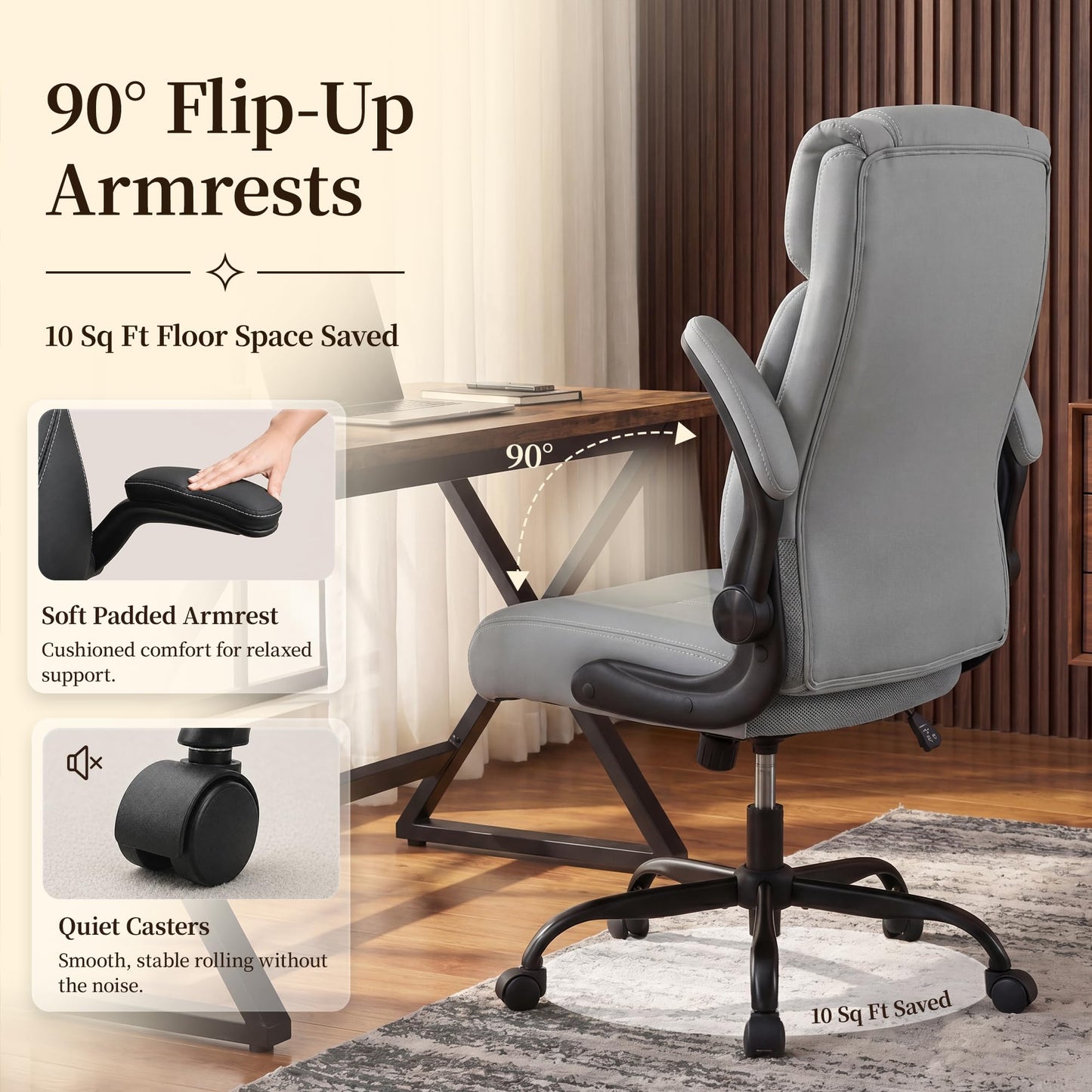 OwgeinSet Office Chair, Leather Ergonomic Computer Desk Chair with Rocking Function, High Back Executive Home Office Chair with Adjustable Flip-up Armrests, Lumbar Support, 360° Swivel, Elegant Grey