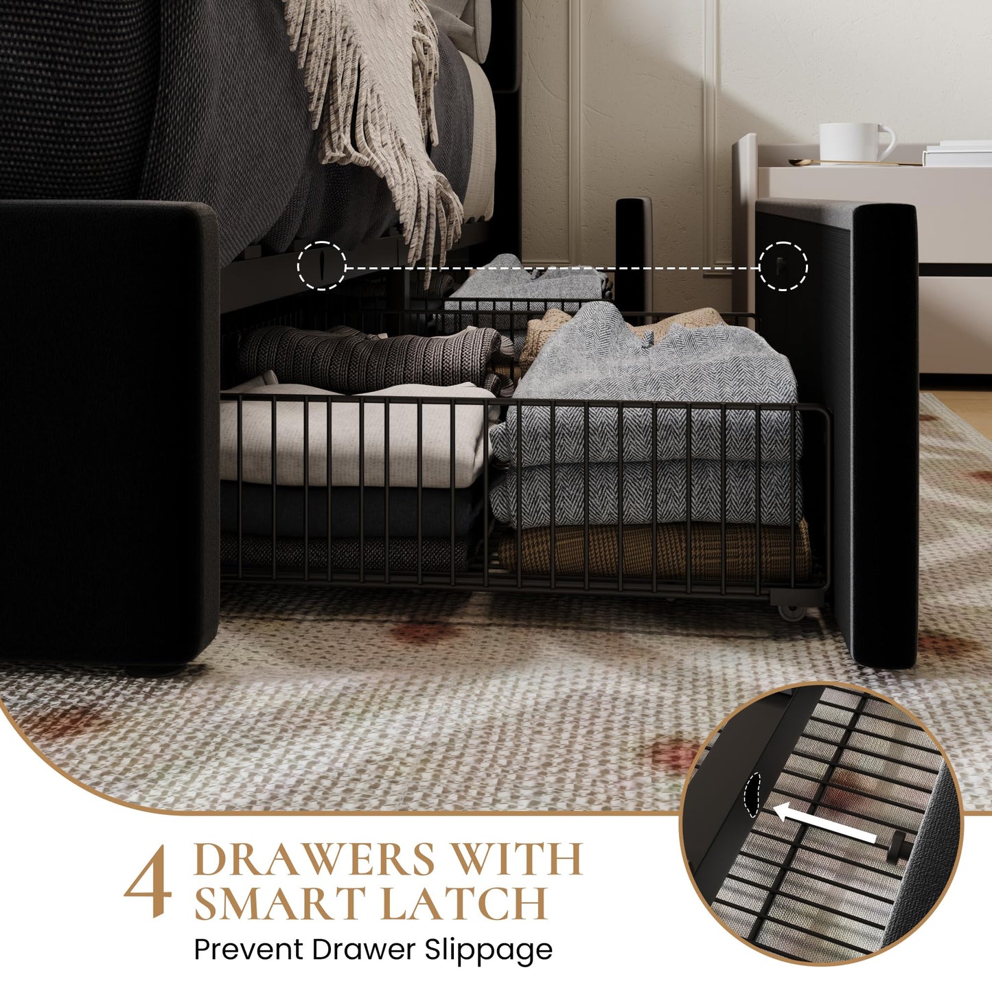 SHA CERLIN Queen Size Platform Bed Frame with 4 Storage Drawers, Vertical Channel Tufted Adjustable Headboard, Velvet Upholstered, Wooden Slats Support, No Box Spring Needed, Easy Assembly, Black
