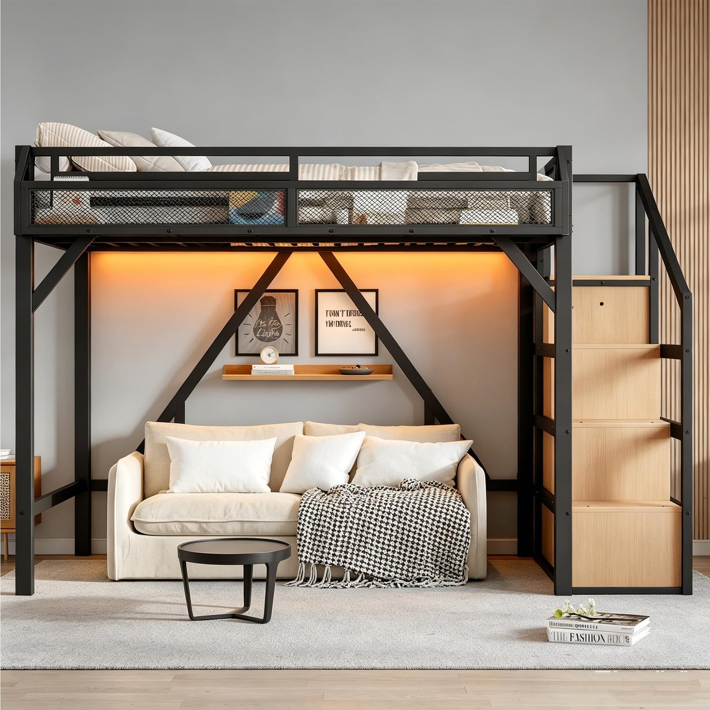 Bellemave Twin XL Size Loft Bed with Stairs and Wardrobe,Heavy Duty Metal Loft Bed Frame with Shelves,LED Lights and Charging Station for for Kids,Teens,Adults,Natural Wood