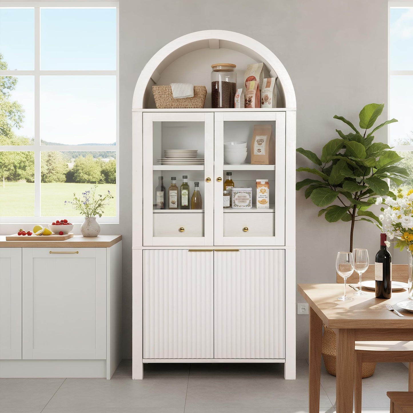 KEIKI 71" Tall Arched Kitchen Pantry Cabinet with Glass Door,Hidden Drawer,Farmhouse Storage with Adjustable Shelves Design for Kitchen,Living & Dining Room