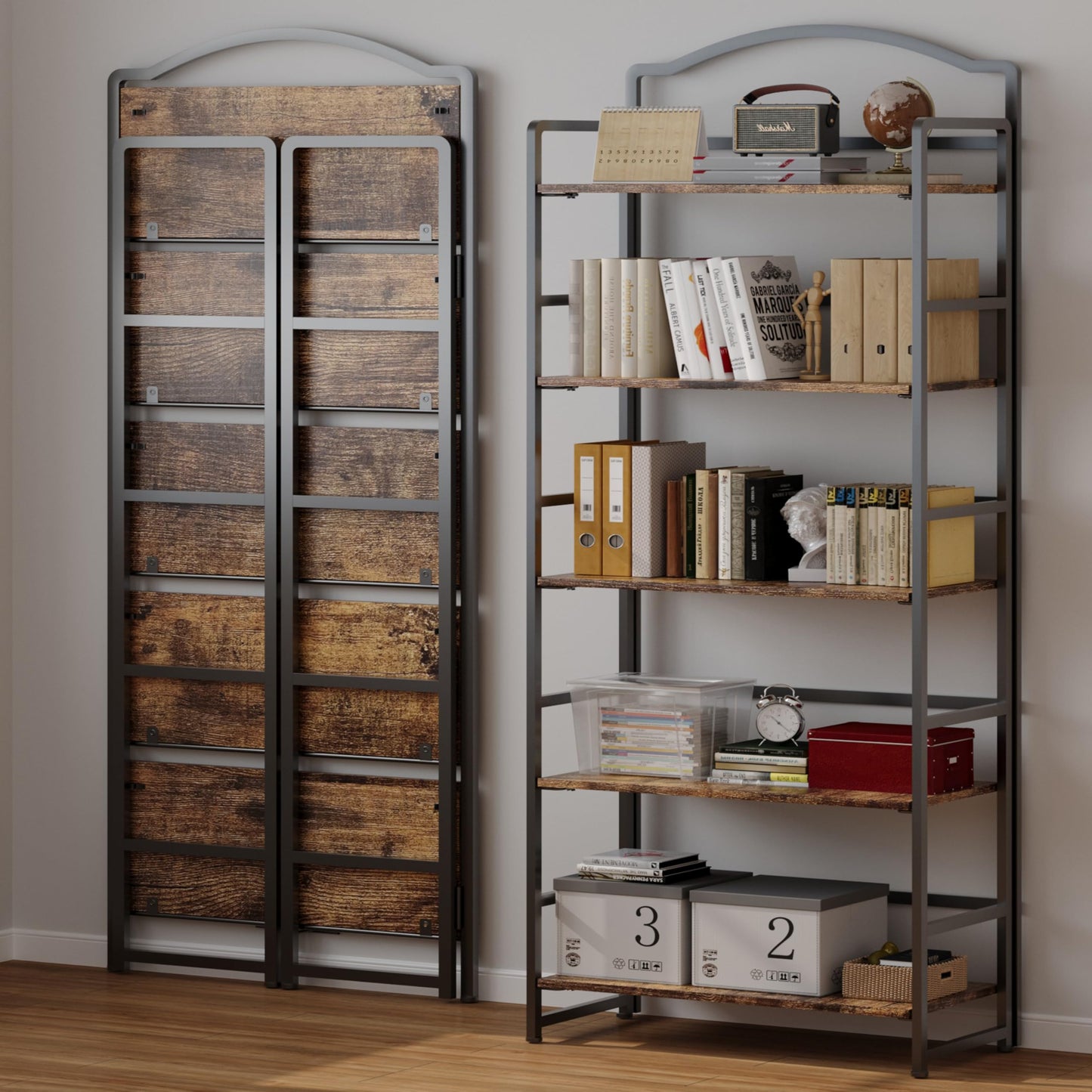 JSB 5 Tier No Assembly Folding Bookshelf, Arched Bookshelf, Foldable Bookcase for Living Room, Bedroom, Office,Skinny Bookshelf (Fire Brown)