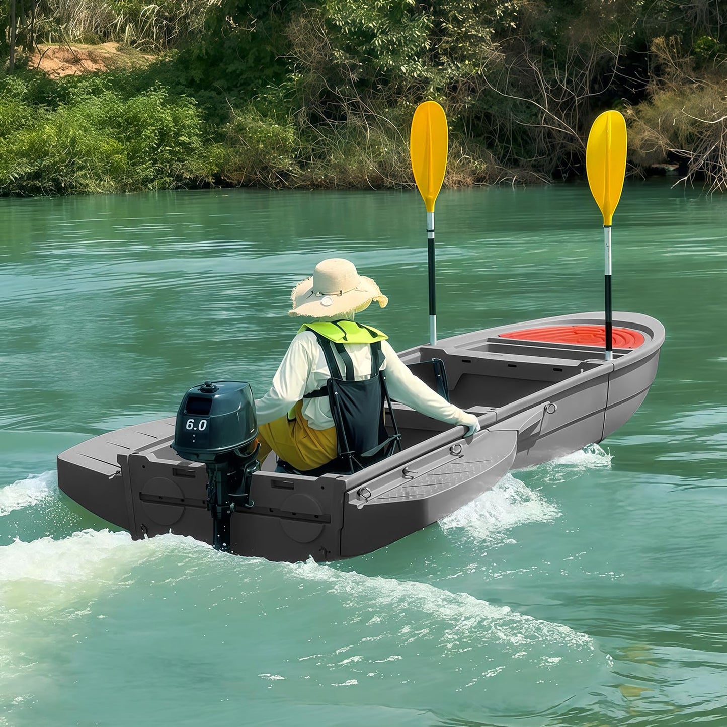 Fishing Boat, Folding Jon Boat with 3 Collapsible Modular Fishing Kayak and 2 Side&Tail Pontoons, Multipurpose Kayak Canoe, Up to 800lbs Buoyancy Suitable for 5-7 Person-Grey.