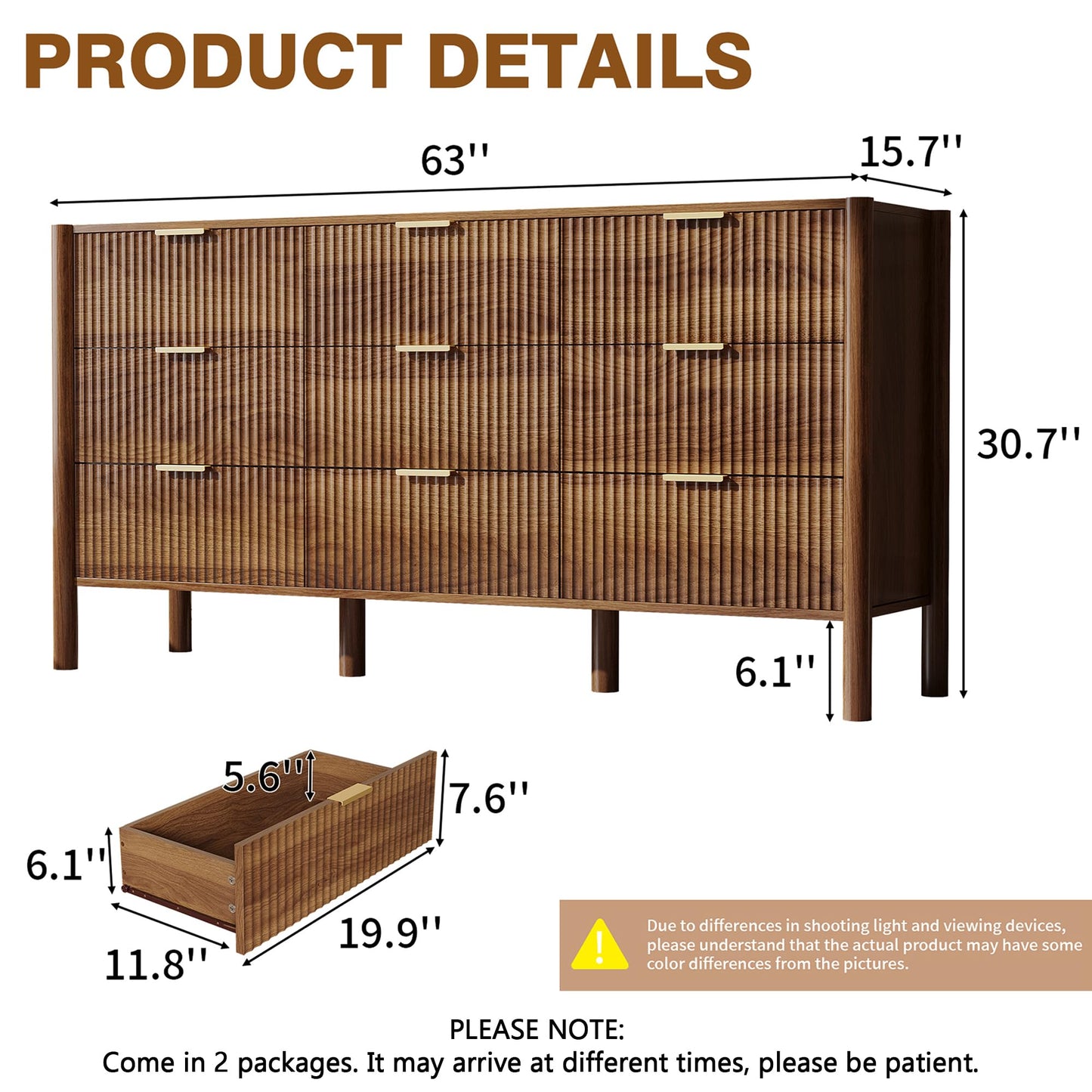 CHUWELL Fluted Walnut Dresser for Bedroom, 63" Wide Mid Century Modern Chest of Drawers with 4 Solid Wood Cylindrical Legs & Gold Metal Handles, 9 Drawer Large Dresser for Bedroom