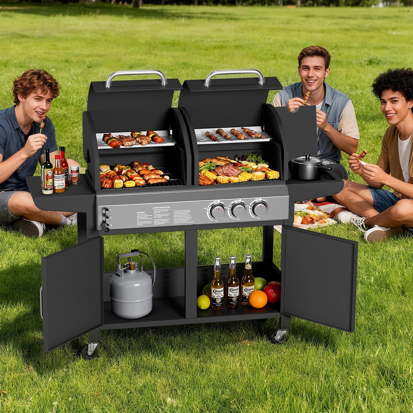 Charcoal and Propane Gas Grill Combo with Side Burner & Porcelain-Enameled Cast Iron Grate, 24,000 BTU Dual Fuel BBQ Grill for Backyard, Outdoor, Patio, Camping, 690 SQIN Cooking Area