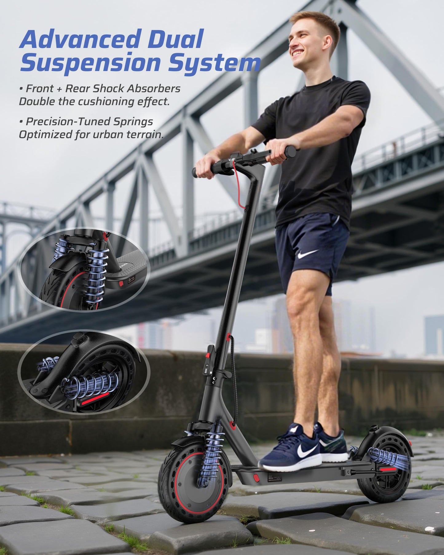 Qlaway 500W Motor Adult Electric Scooter - 22 Mph Maximum Speed & 22 Miles Range, 10" Solid Tires, Aluminum Alloy Folding Kick Scooter with Dual Suspension