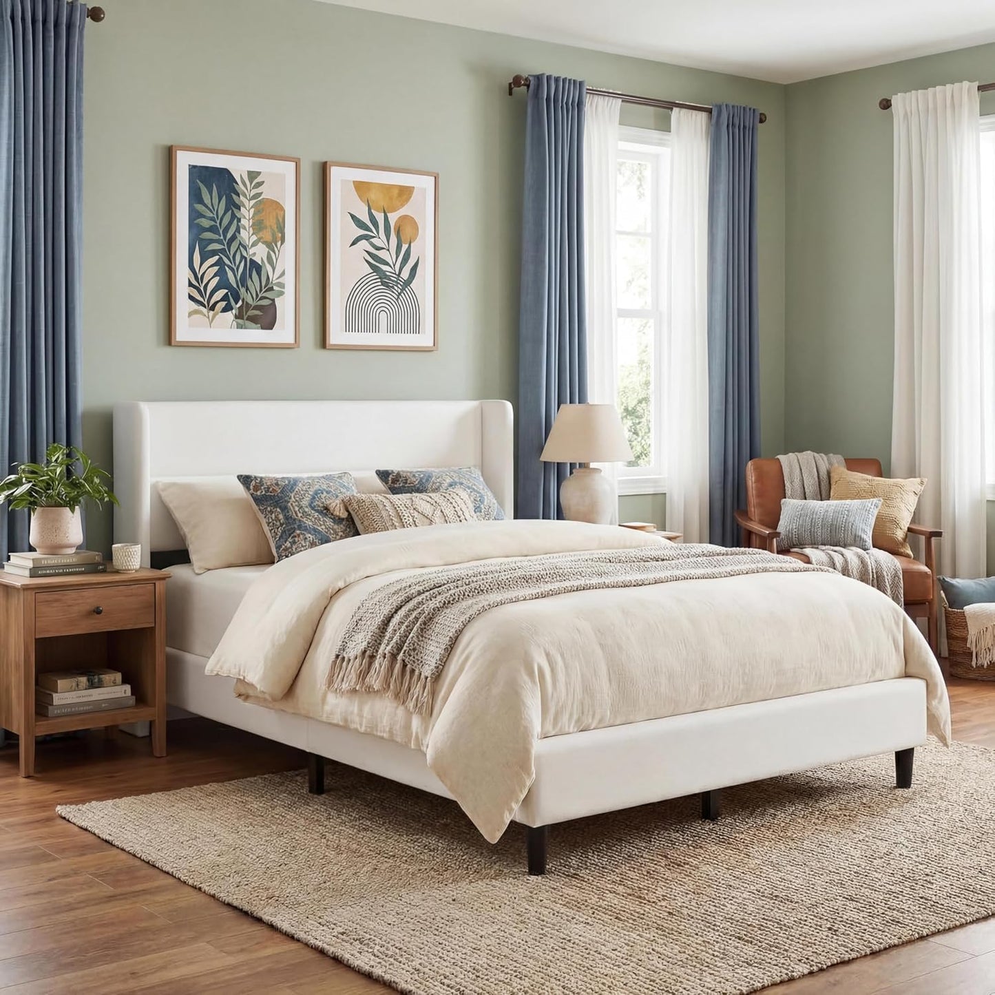 IDEALHOUSE King Size Bed Frame with Tufted Wingback Headboard, Velvet Upholstered Platform Bed with Strong Wood Slats, No Box Spring Needed, Easy Assembly, Beige